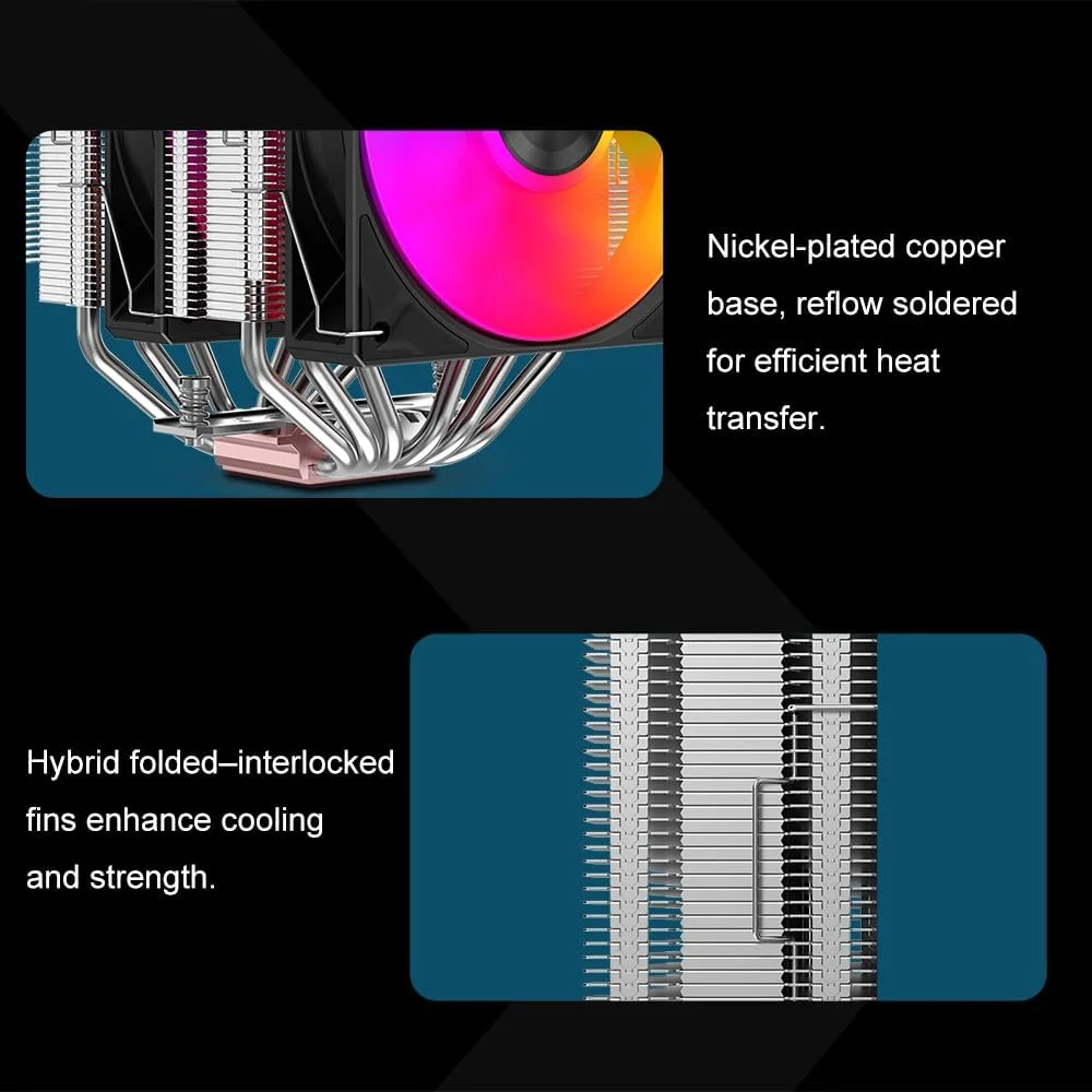خنک کننده پردازنده SAMA A60L – دارای دو فن ARGB، 6 لوله حرارتی، طراحی برج دوقلو، پایه مسی، پنل بالایی ARGB، توان حرارتی 265W، سازگار با Intel LGA1700/1200/115X و AMD AM4/AM5 – نقره ای