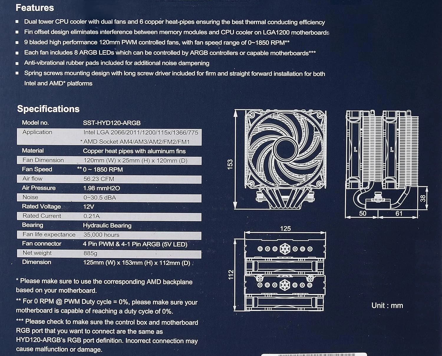 خنک کننده پردازنده دو برج SilverStone Technology Hydrogon D120 ARGB با 6 لوله حرارتی و دو فن 120 میلی متری ARGB، PWM، Intel LGA 1700، AMD AM4، SST-HYD120-ARGB