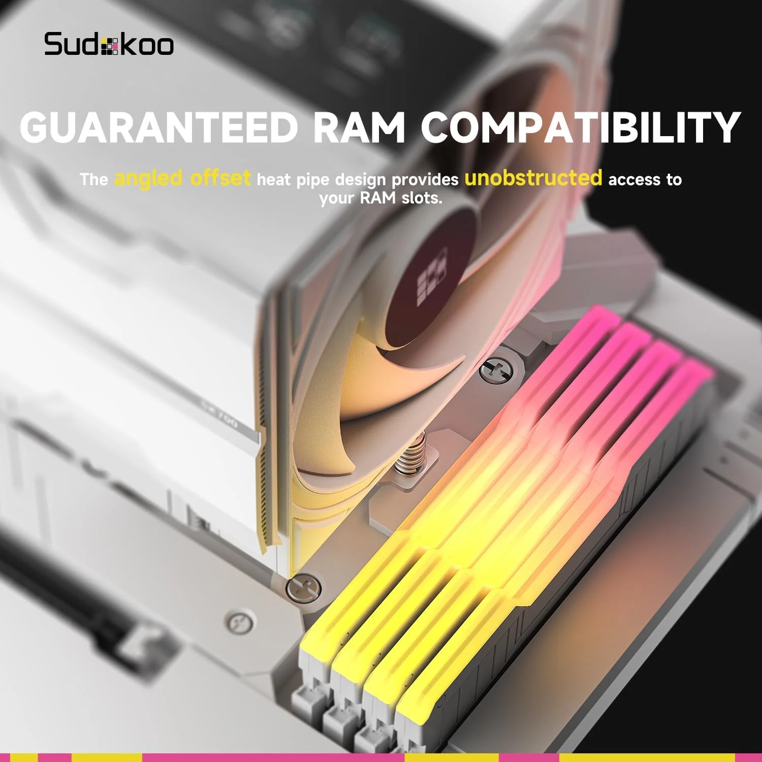 خنک کننده بادی سفید رنگ سودوکو SK700V: خنک کننده پردازنده اختصاصی AM5 با نمایشگر دیجیتال - 7 لوله حرارتی تک برج، نصب کشویی، آزادی کامل رم، فن PWM بی صدا 120 میلی متری