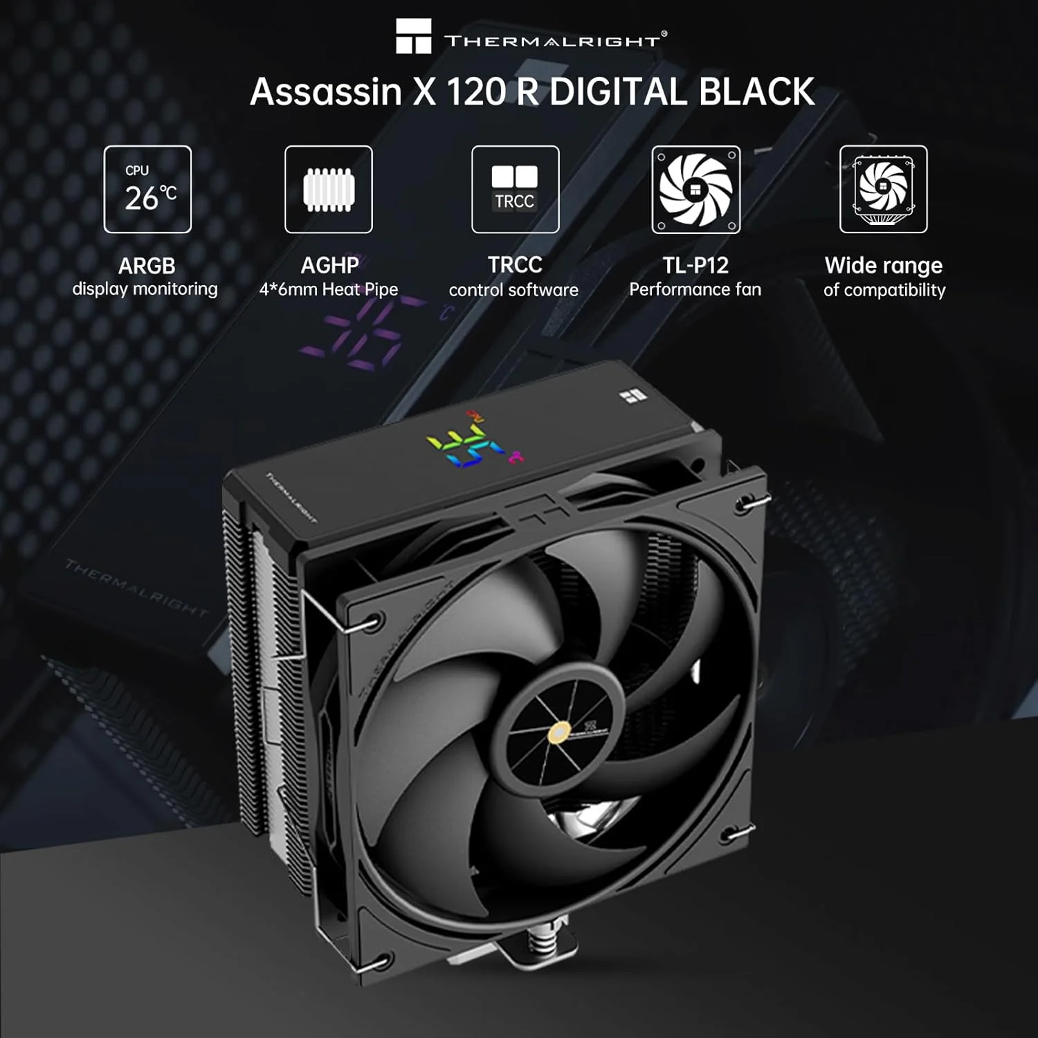 خنک کننده بادی پردازنده Thermalright Assassin X 120 R Digital CPU - نمایشگر دما | 4 لوله حرارتی، برای Intel LGA 1150/1151/1155/1156/1200/1700/1851 AMD AM4/AM5