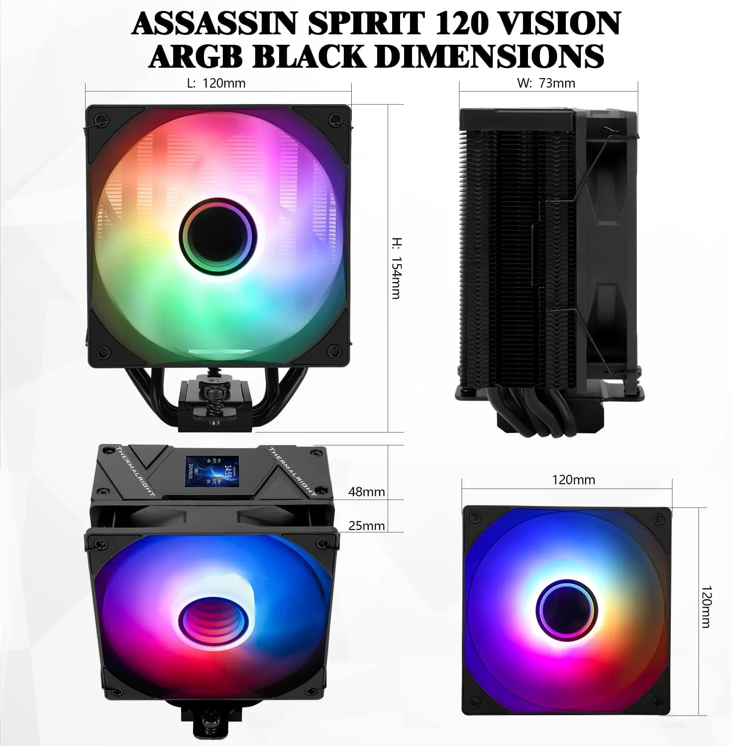 خنک کننده پردازنده Thermalright Assassin Spirit 120 Vision ARGB مشکی با صفحه نمایش LCD IPS با رزولوشن 240*240 اینچ 1.54، خنک کننده بادی پردازنده کامپیوتر برای LGA1700/1851/115X، AM4/AM5، رادیاتور با عملکرد بالا خنک کننده پردازنده Thermalright Assassin Spirit 120 Vision ARGB مشکی با صفحه نمایش LCD IPS با رزولوشن 240*240 اینچ 1.54، خنک کننده بادی پردازنده کامپیوتر برای LGA1700/1851/115X، AM4/AM5، رادیاتور با عملکرد بالا