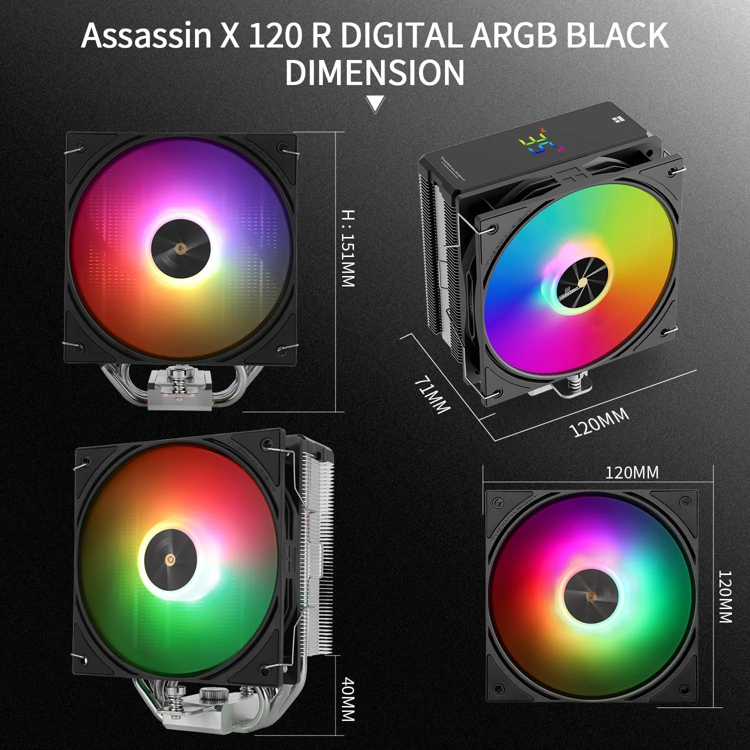 خنک کننده پردازنده بادی Thermalright Assassin X 120R Digital ARGB مشکی با 4 لوله حرارتی 6 میلی متری، صفحه نمایش دیجیتال، هیت سینک فن PWM، ارتفاع 151 میلی متر، برای AM5 و Intel lga1700/1851/1150/1151/1200