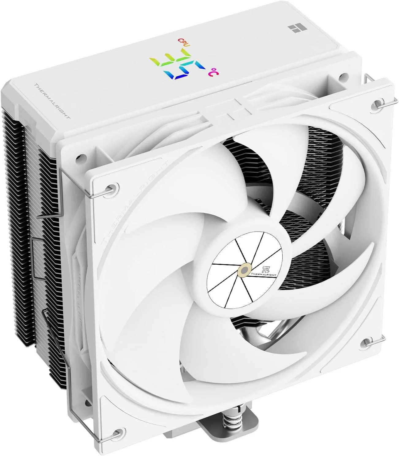 خنک کننده پردازنده بادی Thermalright Assassin X 120R Digital White، سرعت 2000 دور در دقیقه، 4 لوله حرارتی، فن PWM بی صدا 12 سانتی متری، پوشش بالایی صفحه نمایش دیجیتال، برای AM4/AM5، Intel LGA1700/1851/1150/1151/1200، خنک کننده کامپیوتر