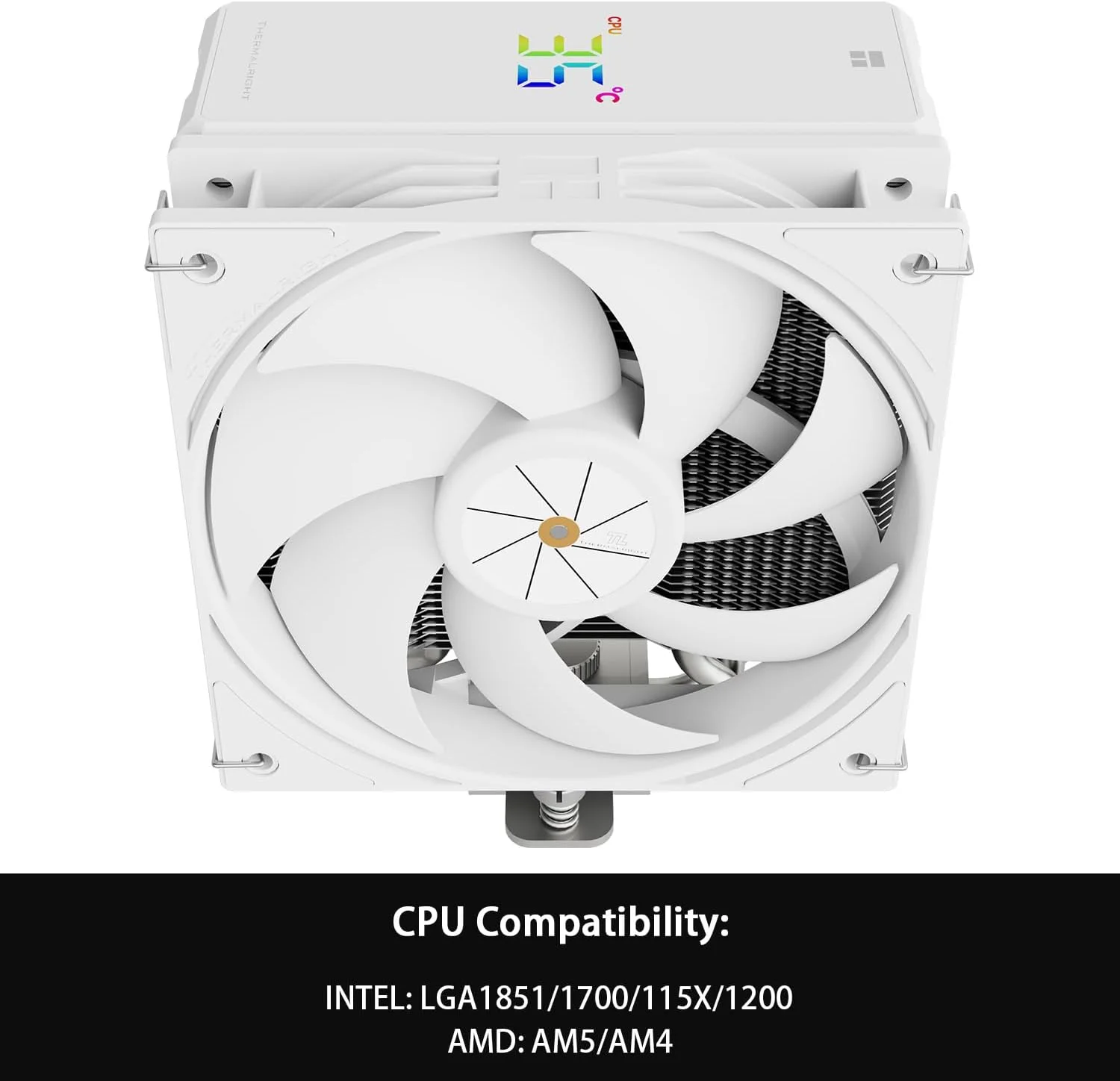 خنک کننده پردازنده بادی Thermalright Assassin X 120R Digital White، سرعت 2000 دور در دقیقه، 4 لوله حرارتی، فن PWM بی صدا 12 سانتی متری، پوشش بالایی صفحه نمایش دیجیتال، برای AM4/AM5، Intel LGA1700/1851/1150/1151/1200، خنک کننده کامپیوتر