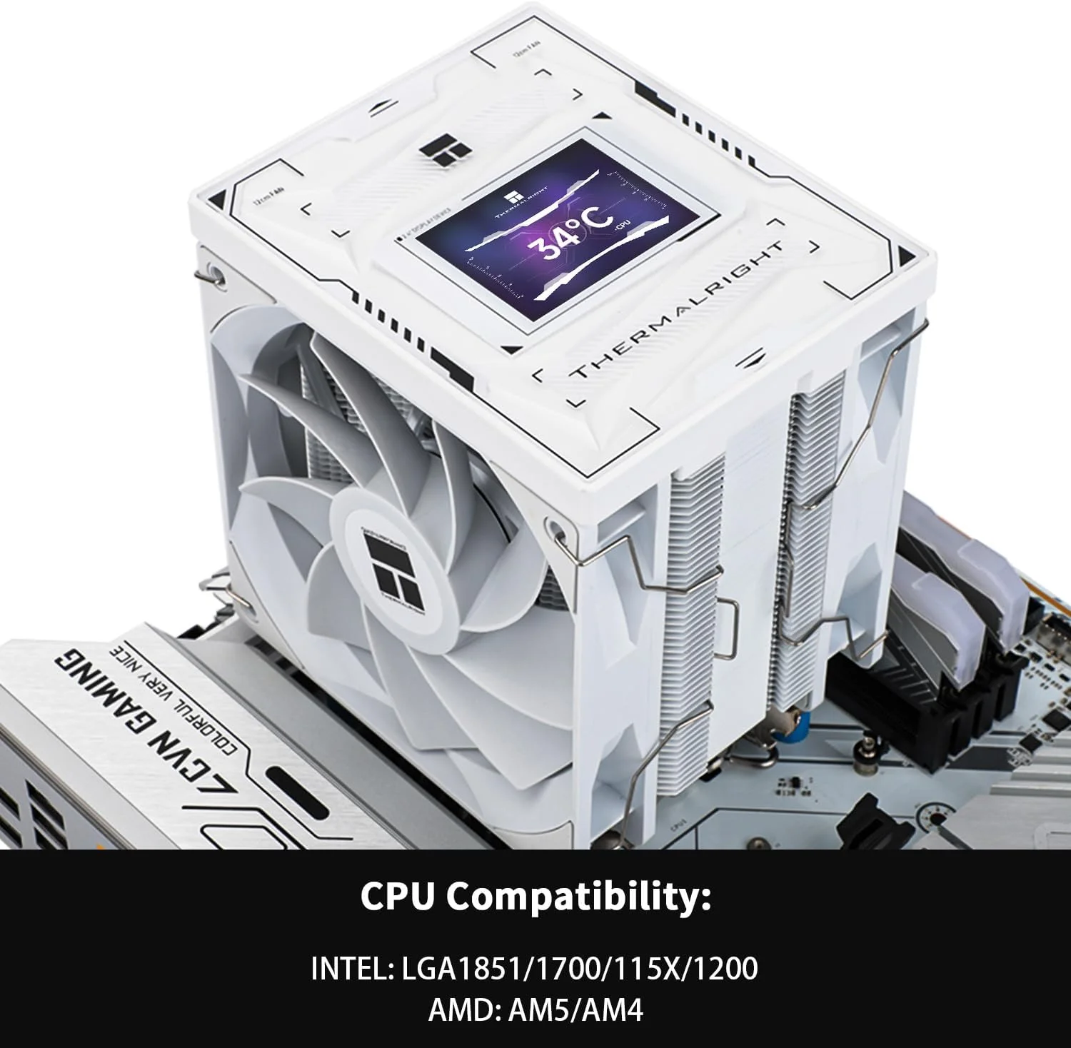 خنک کننده پردازنده بادی Thermalright Burst Assassin 120 Vision سفید، خنک کننده پردازنده رومیزی با سرعت 1500 دور در دقیقه، صفحه نمایش IPS LCD با وضوح 320x240 و اندازه 2.4 اینچ، خنک کننده کامپیوتر برای Intel lga1851/1700/115X,AM4/AM5