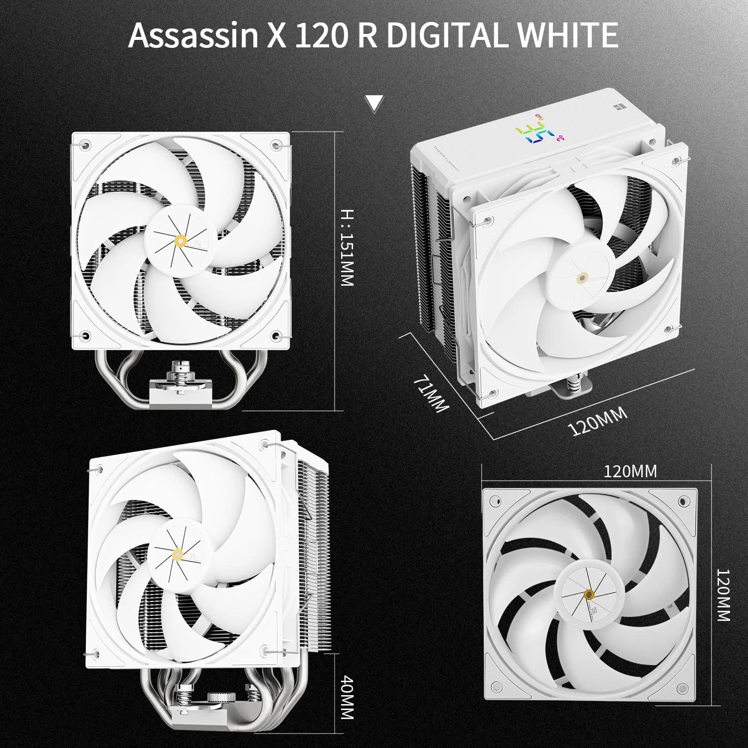 خنک کننده پردازنده Thermalright Assassin X 120R Digital White با 4 لوله حرارتی 6 میلی متری، صفحه نمایش دیجیتال، فن PWM، ارتفاع 151 میلی متر، برای AM5 و Intel lga1700/1851/1150/1151/1200 خنک کننده پردازنده Thermalright Assassin X 120R Digital White با 4 لوله حرارتی 6 میلی متری، صفحه نمایش دیجیتال، فن PWM، ارتفاع 151 میلی متر، برای AM5 و Intel lga1700/1851/1150/1151/1200
