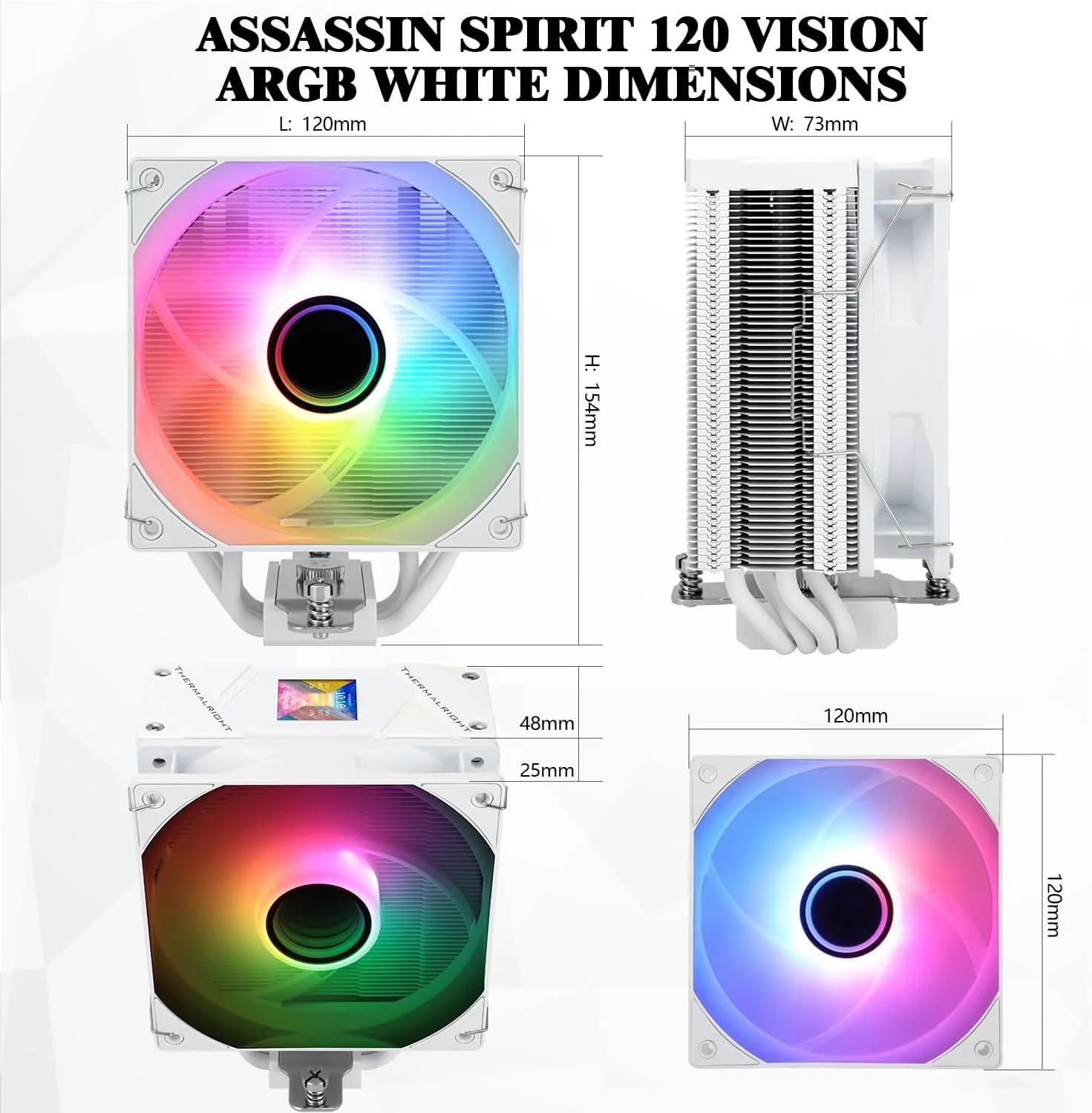 خنک کننده پردازنده بادی Thermalright Assassin Spirit 120 Vision ARGB سفید، با پوشش بالایی سفید، خنک کننده کامپیوتر، صفحه نمایش IPS LCD با وضوح 240 * 240، قابل ویرایش، با اندازه 1.54 اینچ برای Intel lga1851/1700/115X، AM4/AM5