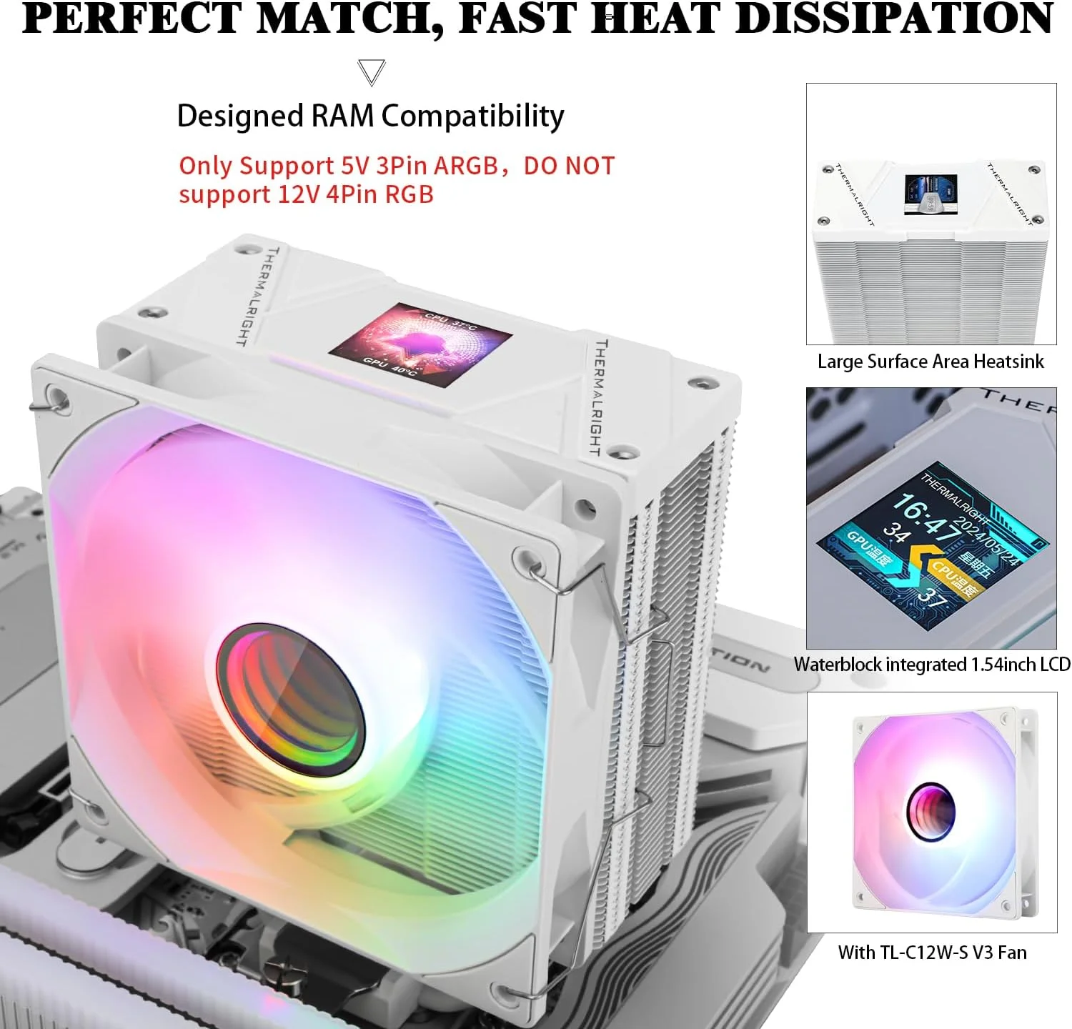 خنک کننده پردازنده بادی Thermalright Assassin Spirit 120 Vision ARGB سفید، با پوشش بالایی سفید، خنک کننده کامپیوتر، صفحه نمایش IPS LCD با وضوح 240 * 240، قابل ویرایش، با اندازه 1.54 اینچ برای Intel lga1851/1700/115X، AM4/AM5