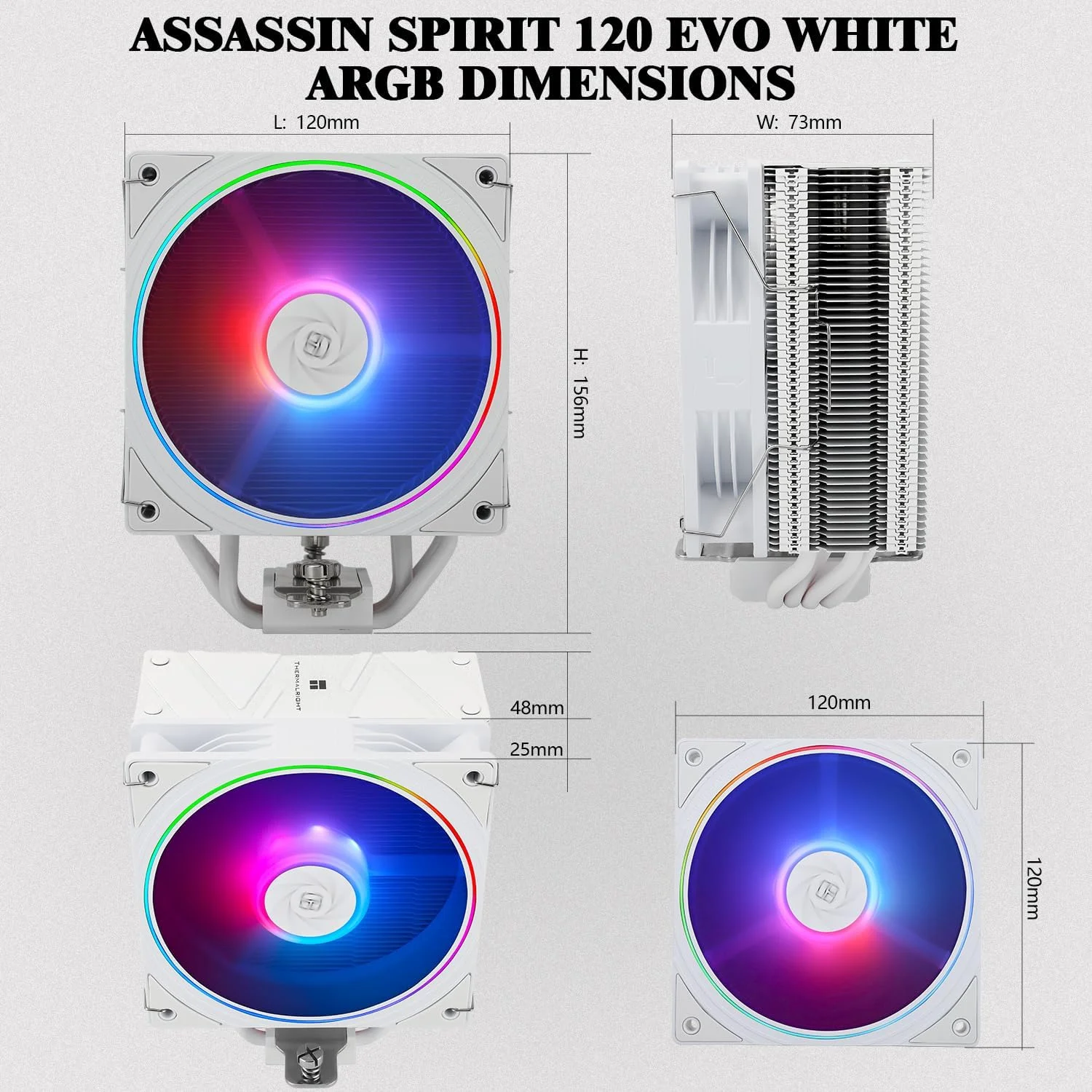 خنک کننده پردازنده Thermalright Assassin Spirit 120 EVO White ARGB، فن 120 میلی متری PWM بی صدا ARGB، فناوری AGHP نسل 4، پشتیبانی از Intel lga1700/1150/1151/1200 و AMD:AM4/AM5، خنک کننده کامپیوتر