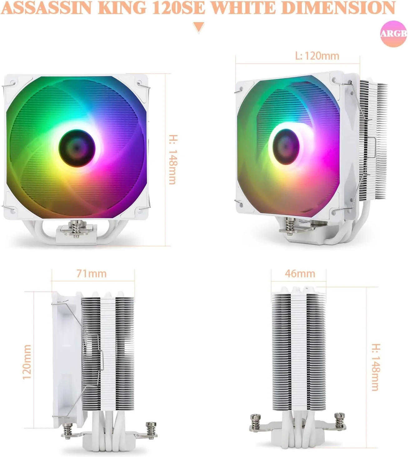 خنک‌کننده پردازنده بادی ترمالرایت Assassin King 120 SE سفید ARGB، دارای 5 لوله حرارتی، فن خنک‌کننده بی‌صدا PWM مدل TL-C12CW-S با سرعت 1550 دور در دقیقه، مناسب برای AM4/AM5/Intel LGA1700/1851/1150/1151/1200