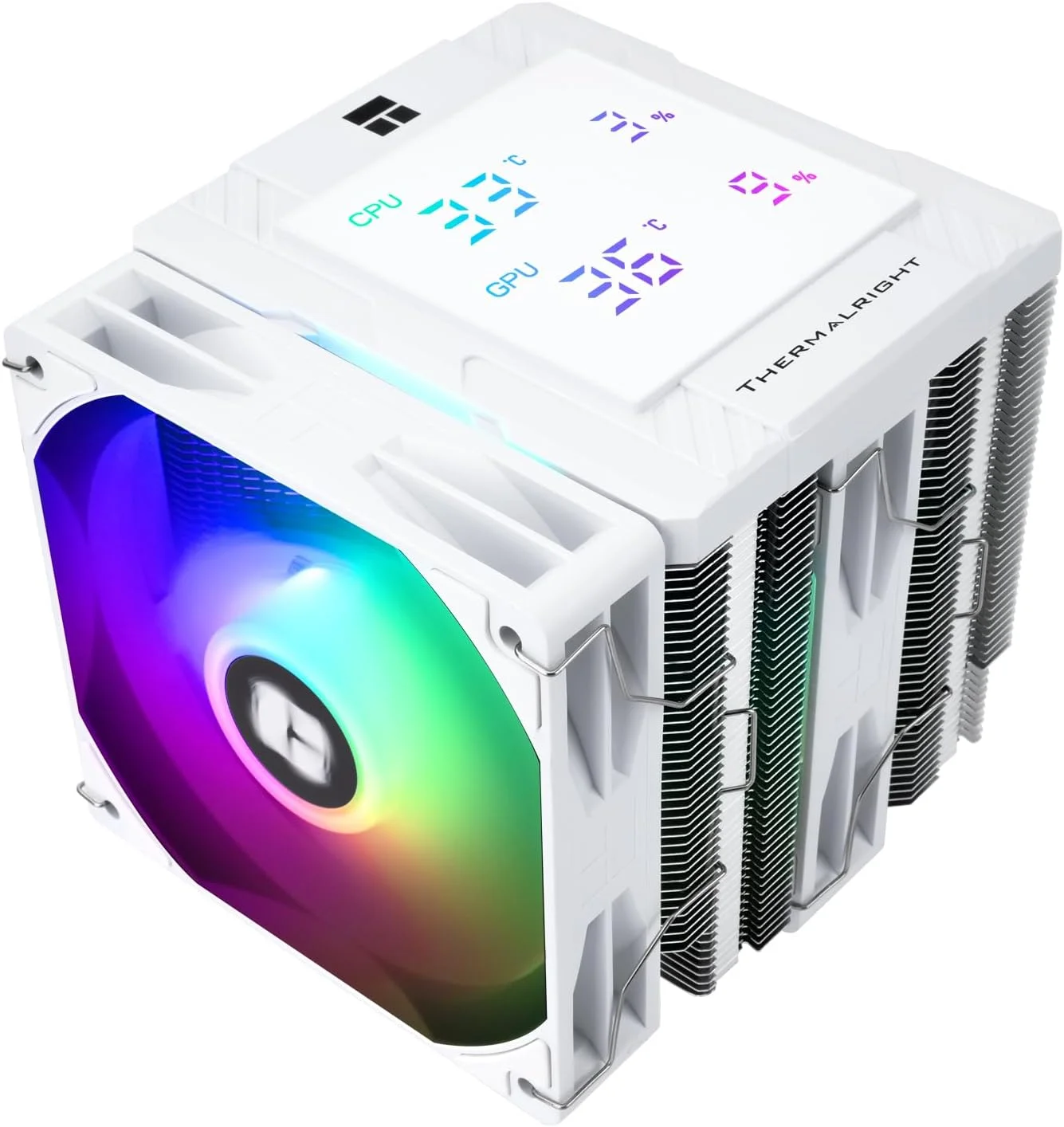 خنک کننده پردازنده Thermalright Peerless Assassin 120 Digital ARGB سفید، دو برج و خنک کننده دو فن، خنک کننده بادی پردازنده، پوشش بالایی صفحه نمایش دیجیتال، برای AM4/AM5، Intel LGA1851/1700/115X/1200