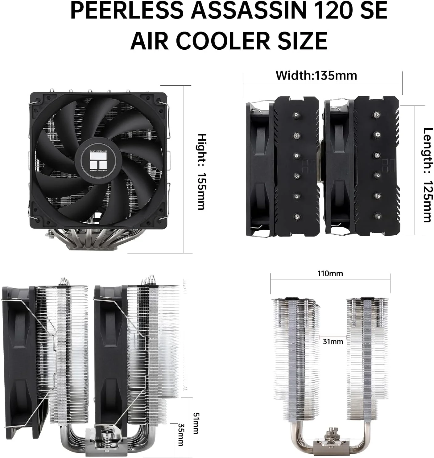 خنک کننده بادی پردازنده Thermalright Peerless Assassin 120 SE، دارای 6 لوله حرارتی و پوشش هیت سینک آلومینیومی، برای Intel 1700/115X/1200/1851 و AMD AM4/AM5