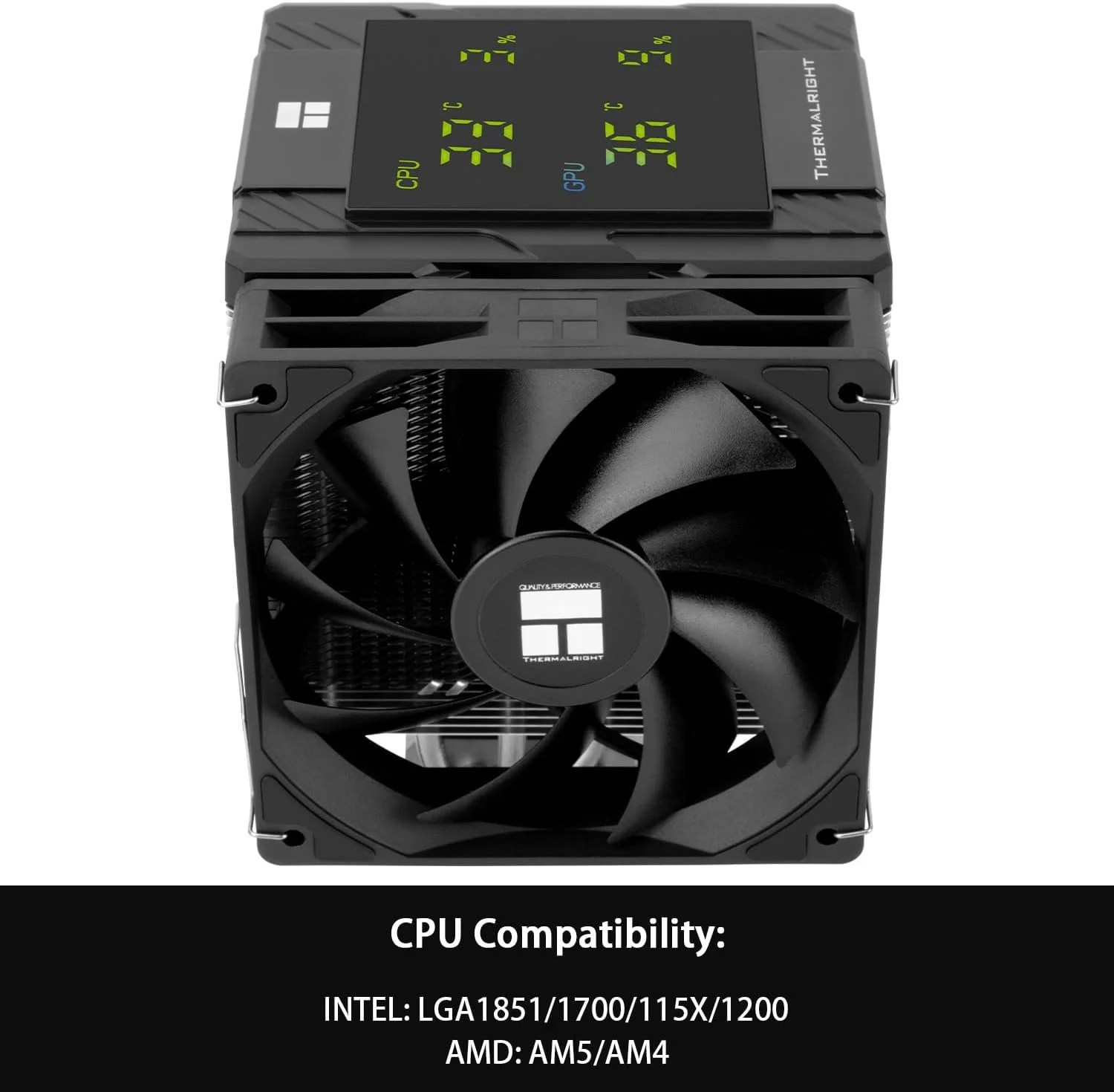 خنک‌کننده پردازنده Thermalright Peerless Assassin 120 Digital Black، دو برج و دو فن، خنک‌کننده بادی پردازنده، پوشش بالایی صفحه نمایش دیجیتال، برای AM4/AM5، Intel LGA1851/1700/115X/1200