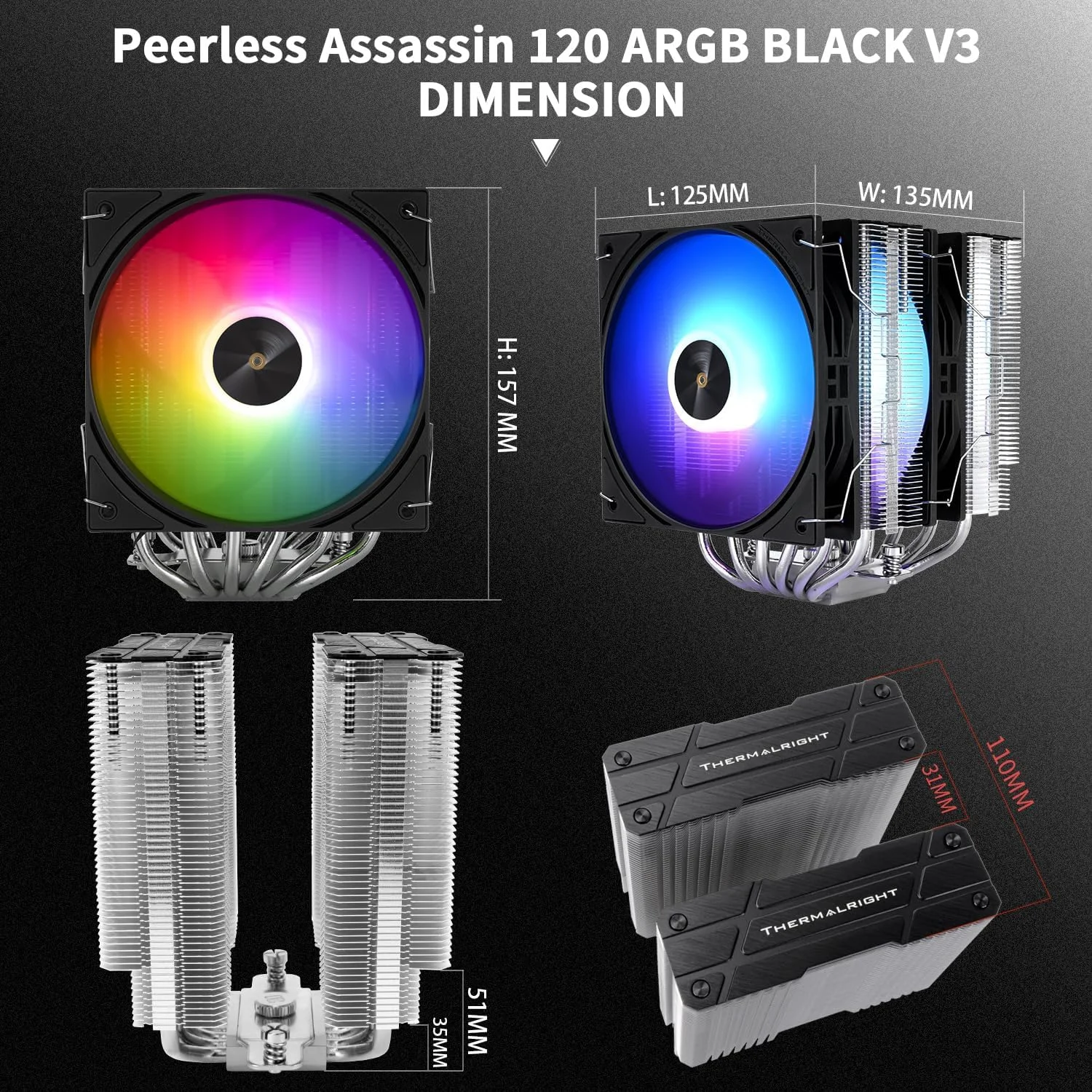 خنک کننده پردازنده بادی Thermalright Peerless Assassin 120 ARGB Black V3، دارای 6 لوله حرارتی، دو فن 120 میلی متری، پوشش بالایی مشکی، برای AM4/AM5/Intel lga1851/1700/115X/1200/2011، خنک کننده هیت سینک کامپیوتر خنک کننده پردازنده بادی Thermalright Peerless Assassin 120 ARGB Black V3، دارای 6 لوله حرارتی، دو فن 120 میلی متری، پوشش بالایی مشکی، برای AM4/AM5/Intel lga1851/1700/115X/1200/2011، خنک کننده هیت سینک کامپیوتر