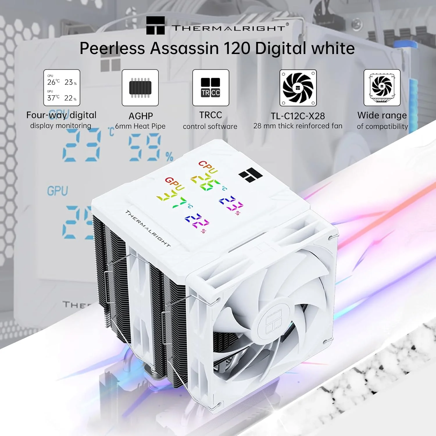 خنک کننده بادی پردازنده Thermalright Peerless Assassin 120 Digital با نمایشگر دما | 6 لوله حرارتی | فن های 120 میلی متری PWM با سرعت 1850 دور در دقیقه، برای Intel 1851/1700، AMD AM4/AM5