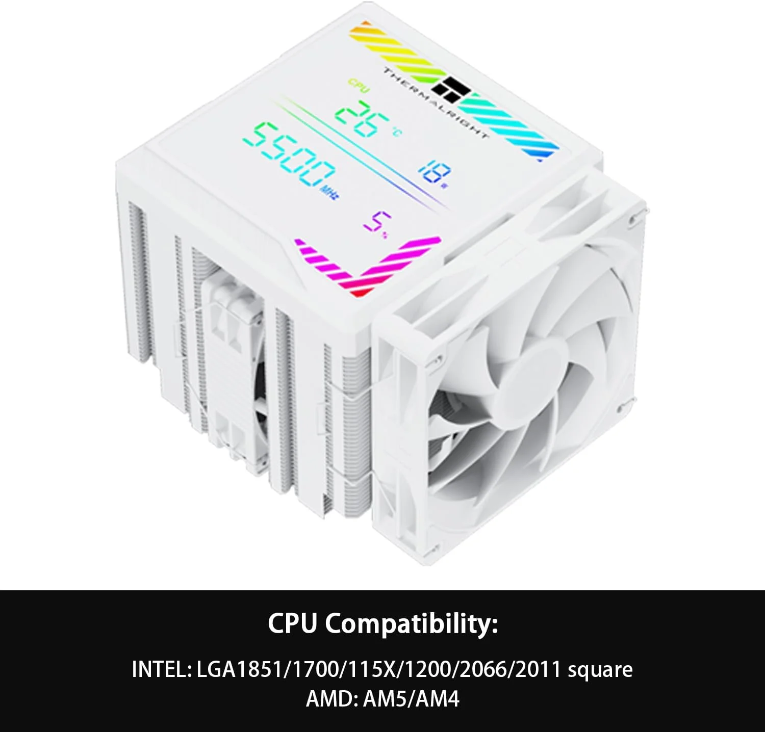 خنک کننده پردازنده Thermalright Peerless Assassin 140 Digital White، دو برج و دو فن، خنک کننده بادی پردازنده، پوشش بالایی صفحه نمایش دیجیتال ARGB، برای AM4/AM5، Intel LGA1851/1700/115X/1200/2011 خنک کننده پردازنده Thermalright Peerless Assassin 140 Digital White، دو برج و دو فن، خنک کننده بادی پردازنده، پوشش بالایی صفحه نمایش دیجیتال ARGB، برای AM4/AM5، Intel LGA1851/1700/115X/1200/2011