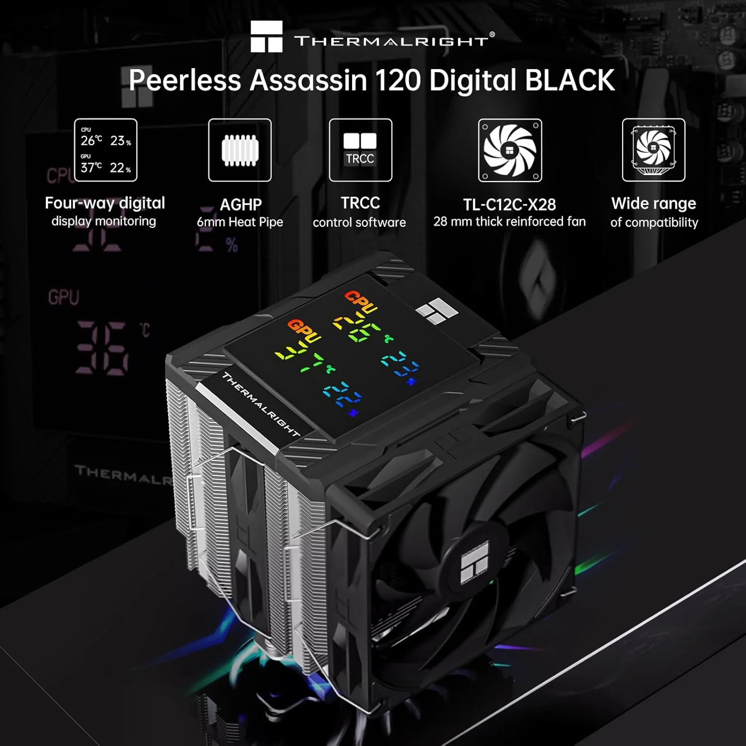 خنک کننده بادی پردازنده Thermalright Peerless Assassin 120 Digital با نمایشگر دما | 6 لوله حرارتی | فن های 120 میلی متری PWM با سرعت 1850 دور در دقیقه، برای Intel 1851/1700، AMD AM4/AM5