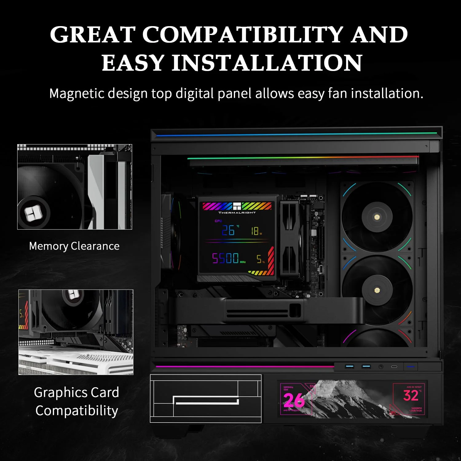 خنک کننده پردازنده بادی Thermalright Peerless Assassin 140 Digital Black با 6 لوله حرارتی، پوشش بالایی برد نمایشگر مغناطیسی، هیت سینک خنک کننده پردازنده، برای AM4/AM5 و Intel lga1700/1851/1150/1151/1200/2011