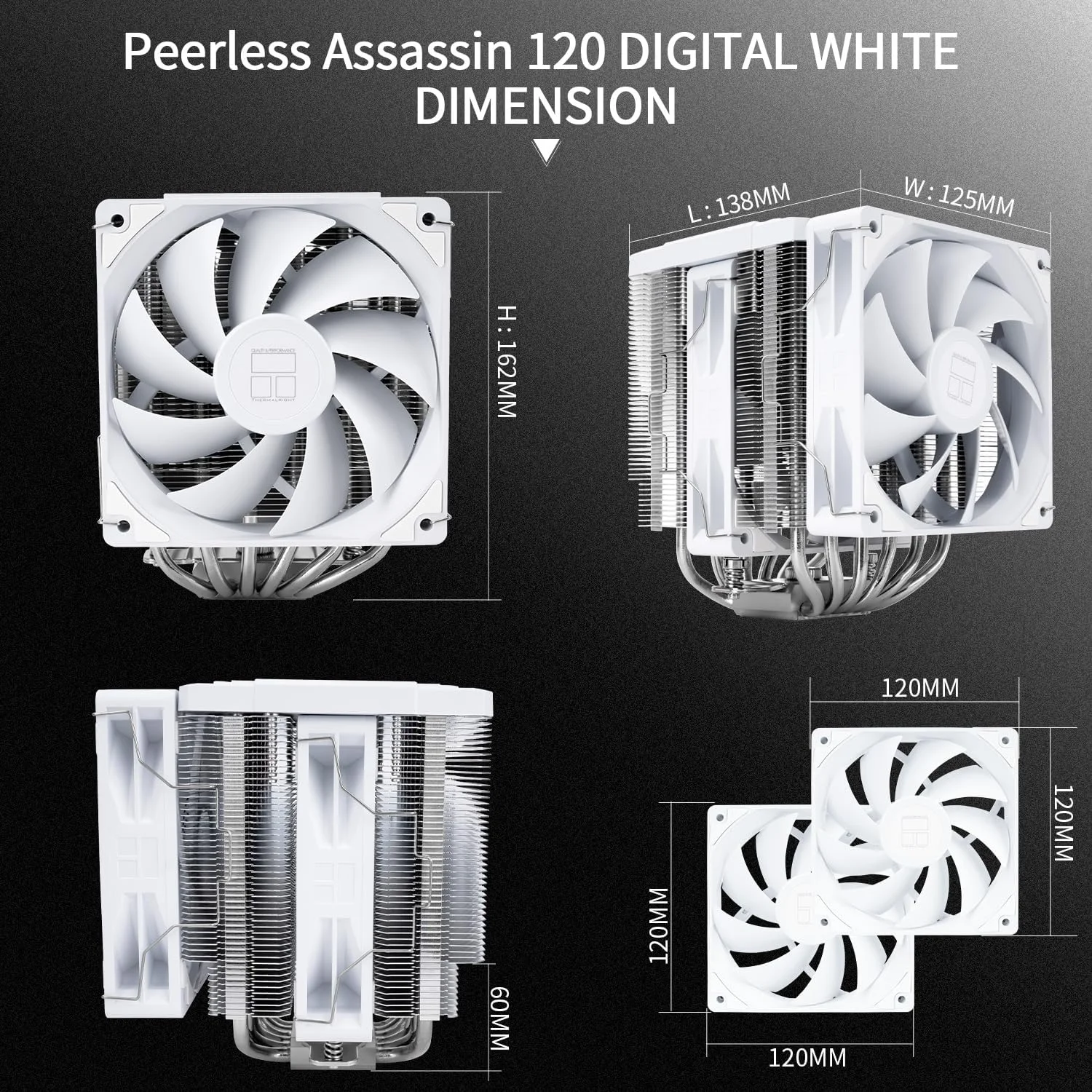 خنک کننده پردازنده بادی Thermalright Peerless Assassin 120 Digital White با 6 لوله حرارتی 6 میلی‌متری، پوشش بالایی مغناطیسی صفحه نمایش، خنک کننده پردازنده هیت سینک، برای AM4/AM5 و Intel lga1700/1851/1150/1151/1200