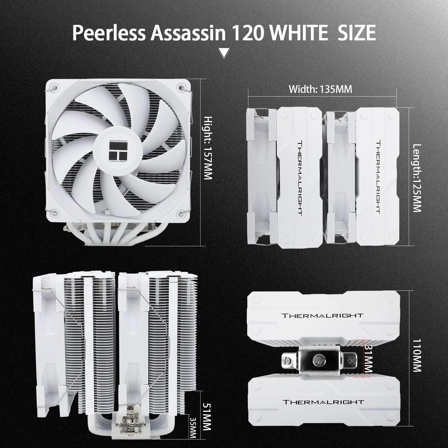خنک کننده پردازنده بادی Thermalright Peerless Assassin 120 سفید، 6 لوله حرارتی، دو فن 120 میلی متری TL-C12W PWM، پوشش هیت سینک آلومینیومی، فناوری AGHP، برای AMD AM4 AM5/Intel 1150/1151/1200/2011