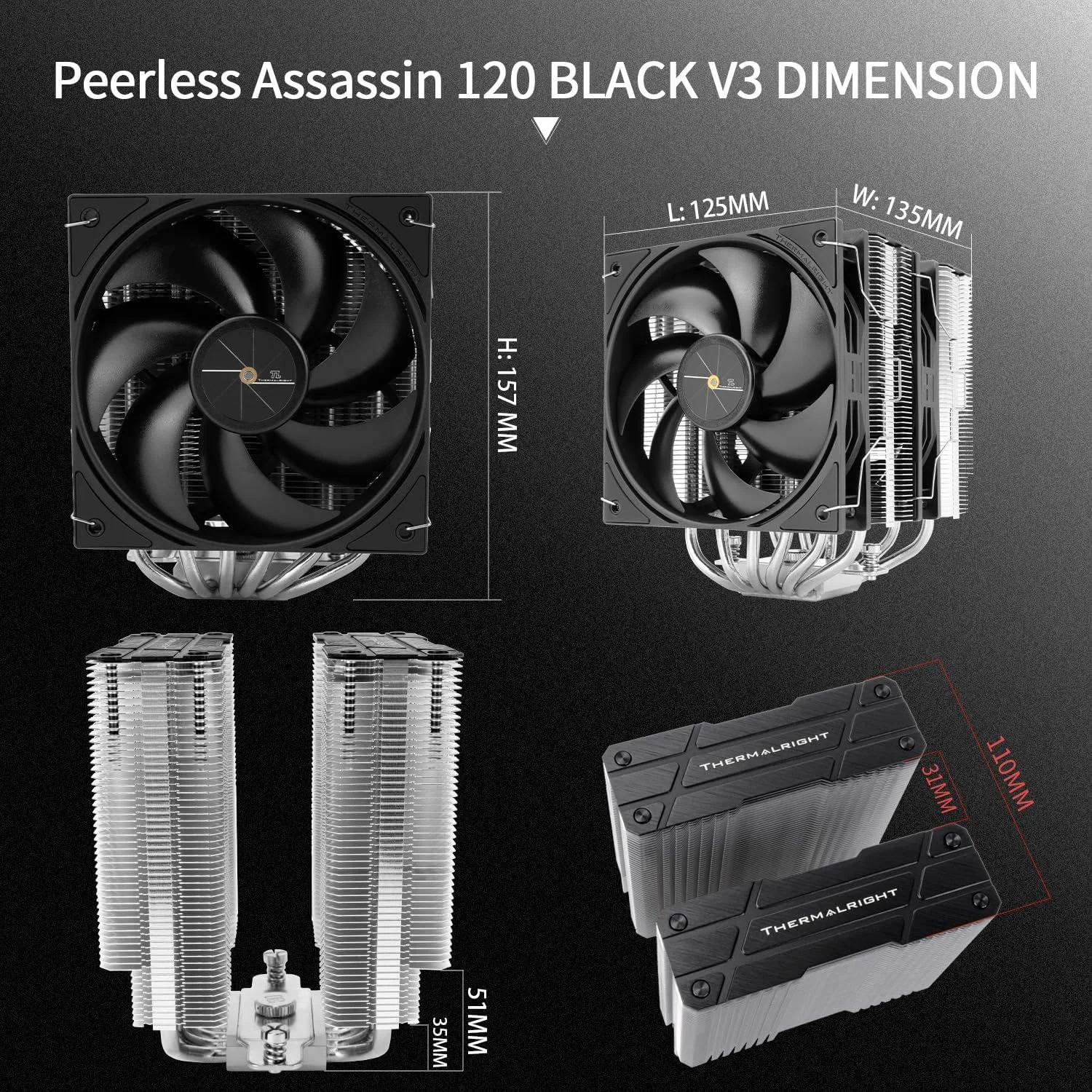 خنک کننده پردازنده بادی Thermalright Peerless Assassin 120 Black V3، دارای 6 لوله حرارتی با دو فن PWM، طراحی پوشش بالایی، 2000 دور در دقیقه، برای AM4/AM5 و Intel LGA1851/1700/115X/1200/2011