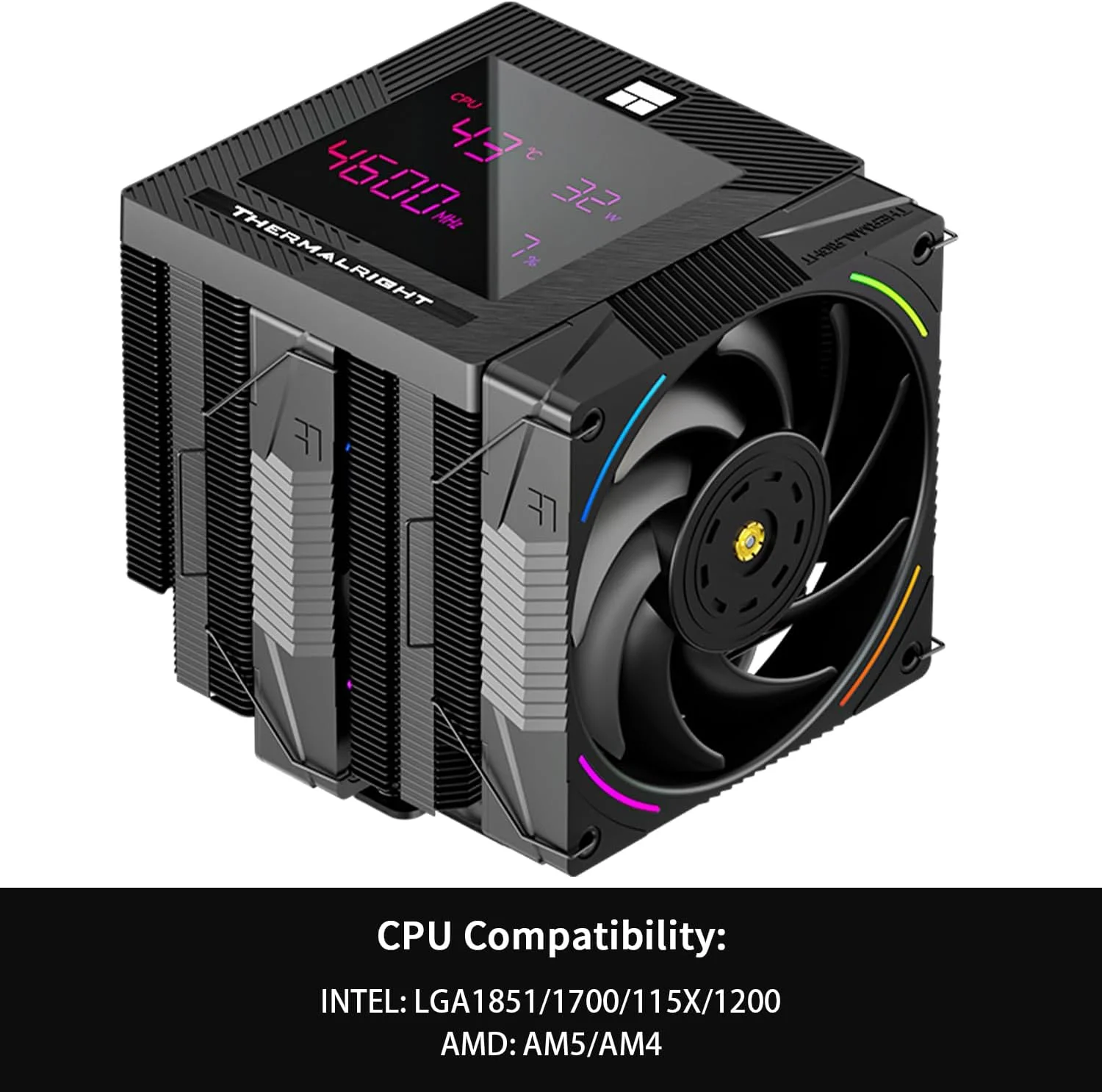 خنک کننده بادی پردازنده Thermalright Phantom Spirit 120 Digital EVO، دارای 7 لوله حرارتی، دو فن PWM 120 میلی متری، روکش بالایی صفحه نمایش دیجیتال با جذب مغناطیسی، برای AM4/AM5/LGA1700/1851/1150/1151/1200، خنک کننده کامپیوتر