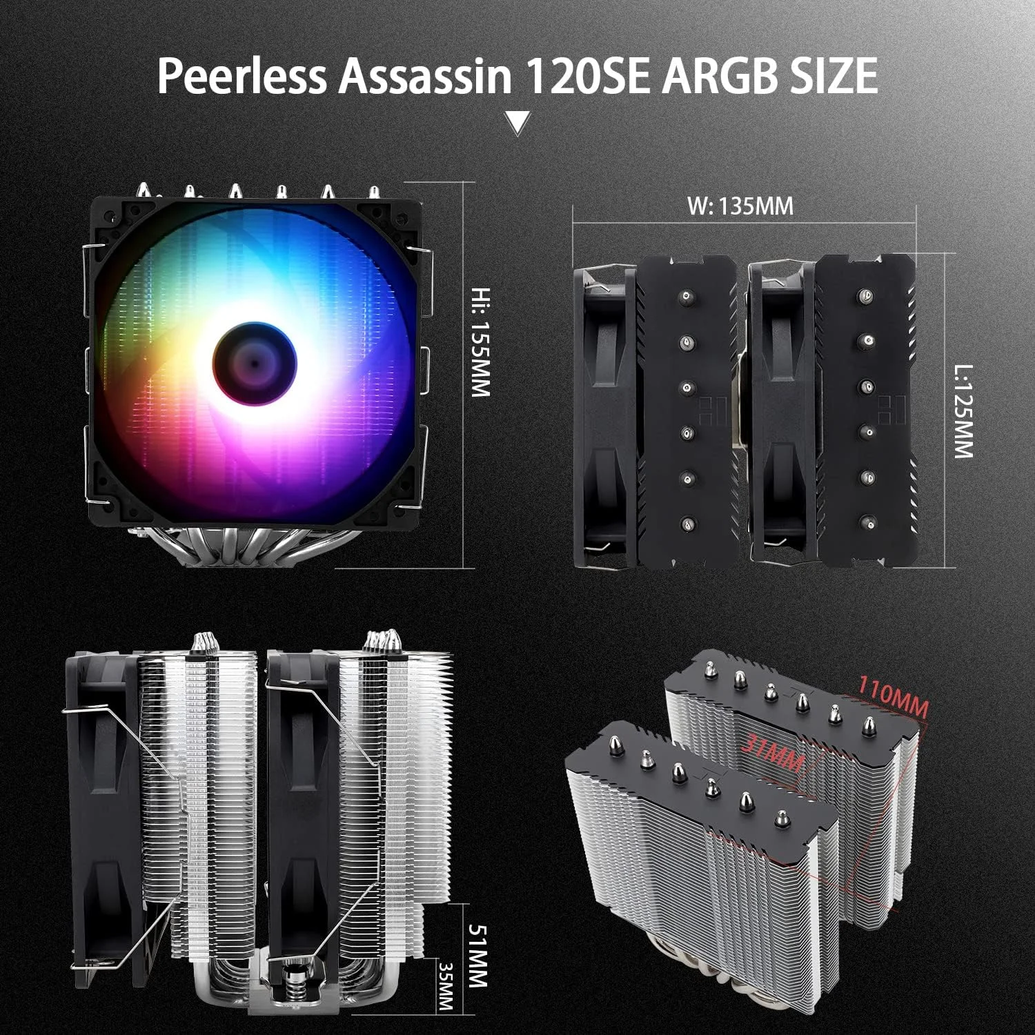 خنک کننده بادی پردازنده Thermalright Peerless Assassin 120 SE ARGB، دارای 6 لوله حرارتی، فن PWM دوگانه 120 میلی متری TL-C12C-S، پوشش هیت سینک آلومینیومی، فناوری AGHP، برای AMD AM4/AM5 Intel 1700/115X/1200
