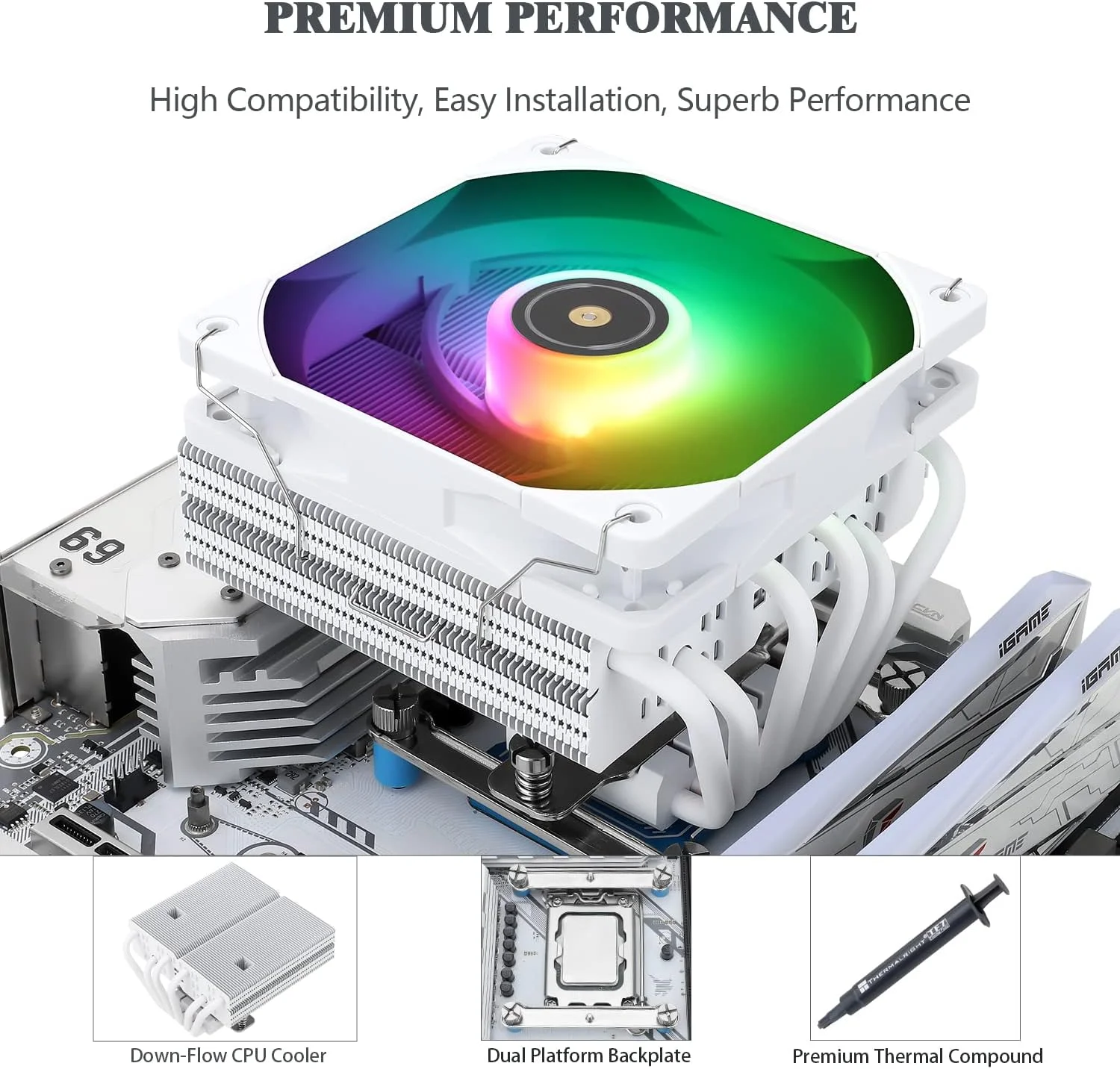 خنک‌کننده پردازنده Thermalright SI-100 سفید ARGB، دارای 6 لوله حرارتی 6 میلی‌متری، فن خنک‌کننده پردازنده 120 میلی‌متری PWM بی‌صدا با بلبرینگ S-FDB V2.0، فناوری AGHP 3.0، برای AMD AM4 AM5/Intel 1150/1151/1200/1700/2066، خنک‌کننده کامپیوتر