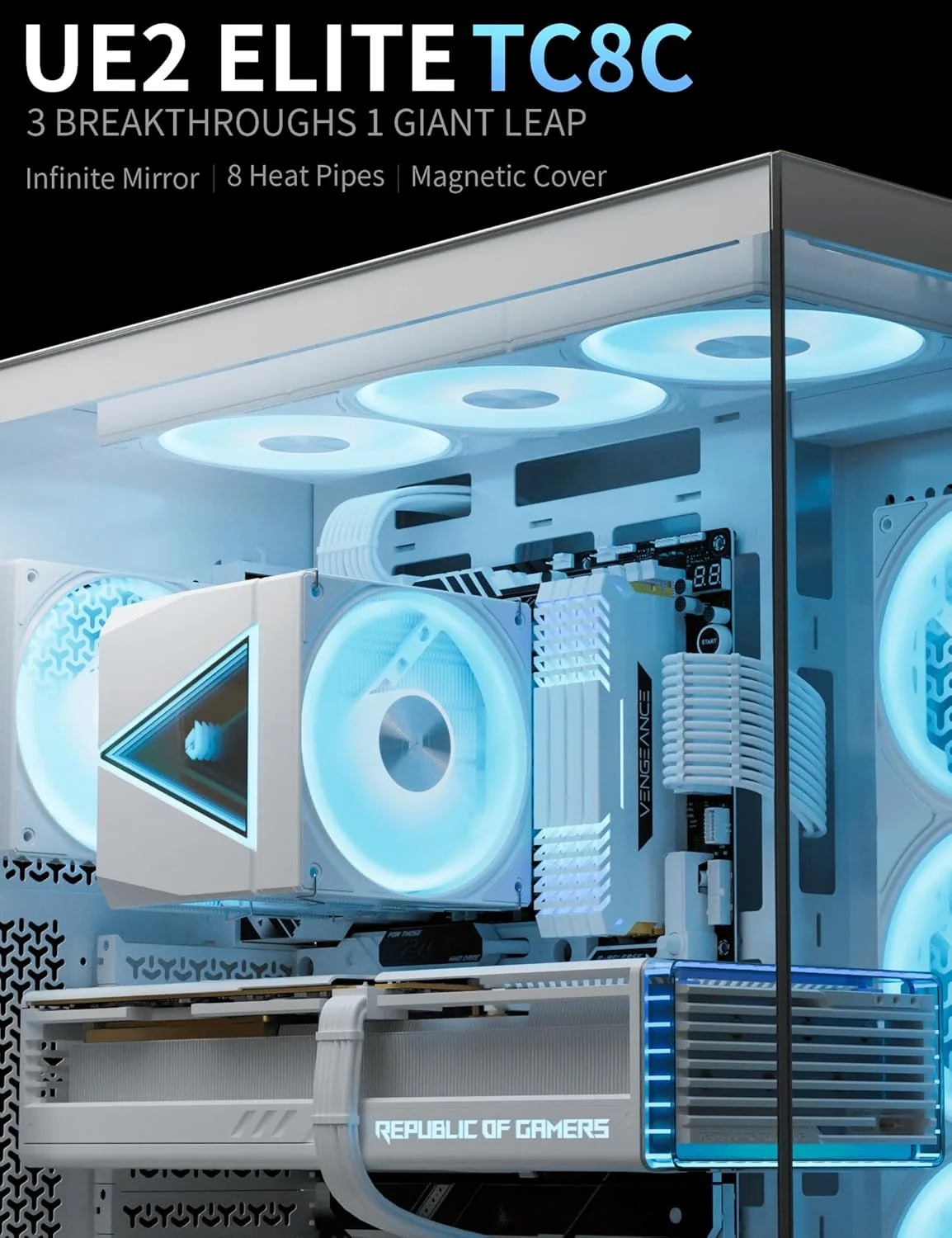 خنک کننده بادی پردازنده upHere UE2-Elite-TC8C، دارای 8 لوله حرارتی، دو برج خنک کننده پردازنده با فن 120 میلی متری ARGB PWM، توان حرارتی 280 وات، برای AMD AM5/AM4/AM3، Intel LGA 1851/1700/2011/2066/115X، ARGB سفید