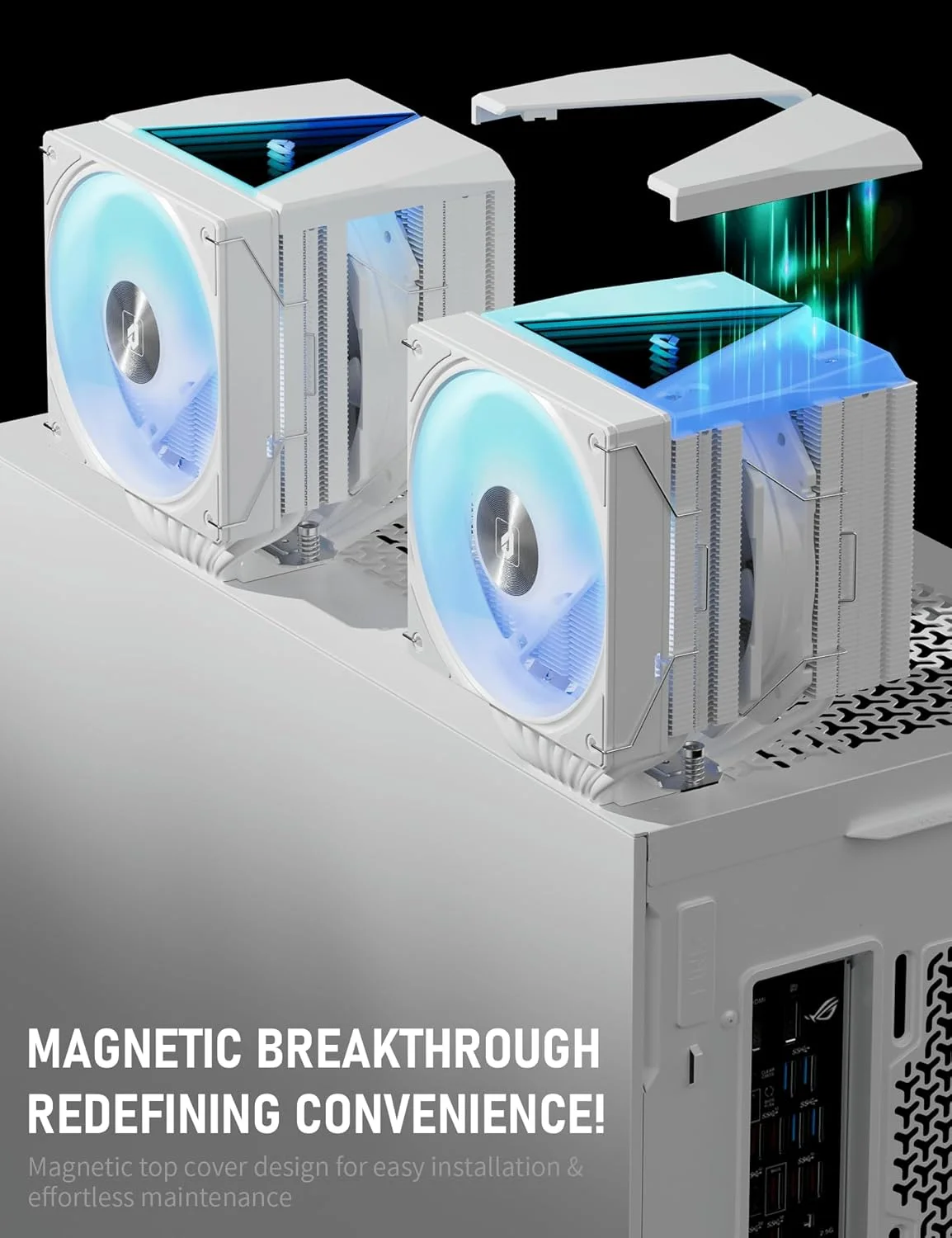 خنک کننده بادی پردازنده upHere UE2-Elite-TC8C، دارای 8 لوله حرارتی، دو برج خنک کننده پردازنده با فن 120 میلی متری ARGB PWM، توان حرارتی 280 وات، برای AMD AM5/AM4/AM3، Intel LGA 1851/1700/2011/2066/115X، ARGB سفید