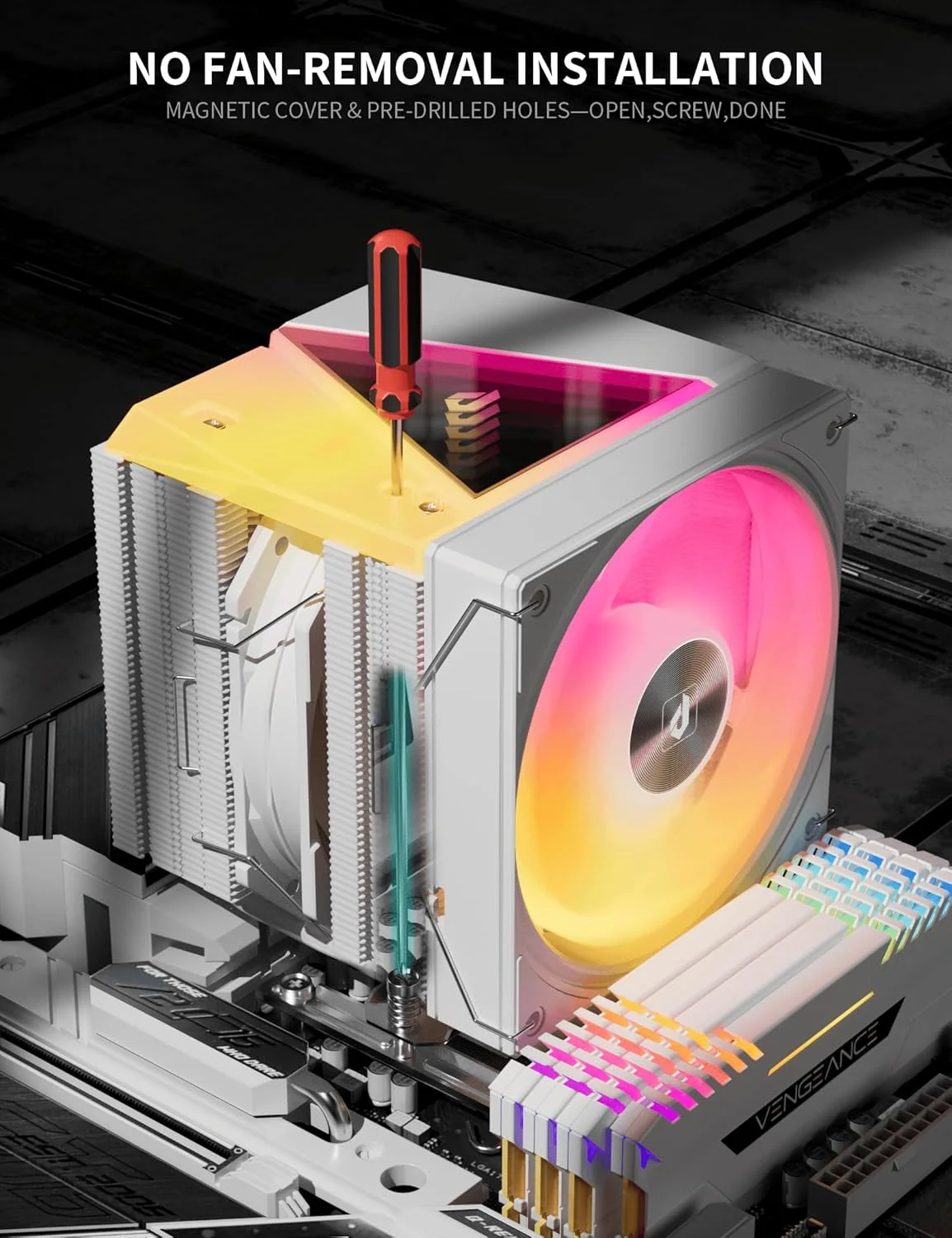 خنک کننده بادی پردازنده upHere UE2-Elite-TC8C، دارای 8 لوله حرارتی، دو برج خنک کننده پردازنده با فن 120 میلی متری ARGB PWM، توان حرارتی 280 وات، برای AMD AM5/AM4/AM3، Intel LGA 1851/1700/2011/2066/115X، ARGB سفید