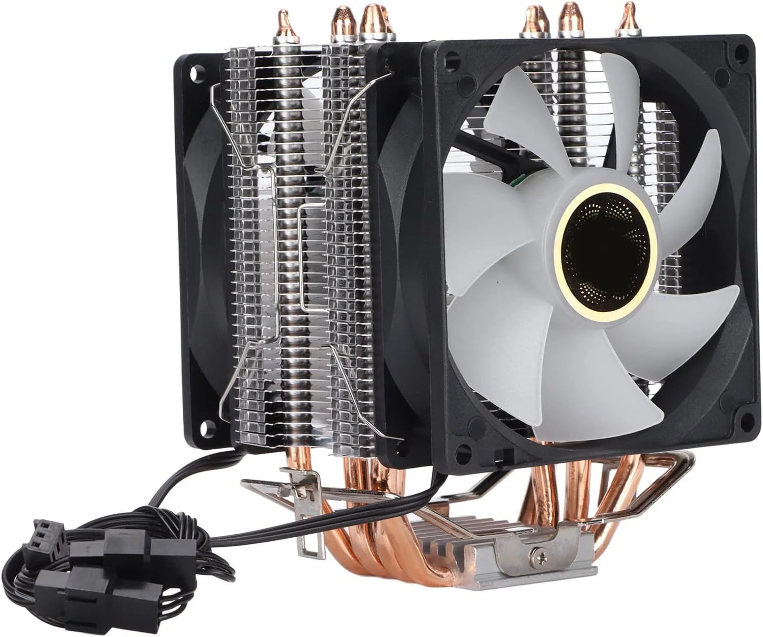 فن خنک کننده پردازنده کامپیوتر VELATEMOR، 90 میلی‌متری، 3 پین، 4 لوله حرارتی، فن پردازنده RGB بی‌صدا، مناسب برای LGA775/1155/1156/1366/2011/AM2/AM2+/AM3 (دو فن)
