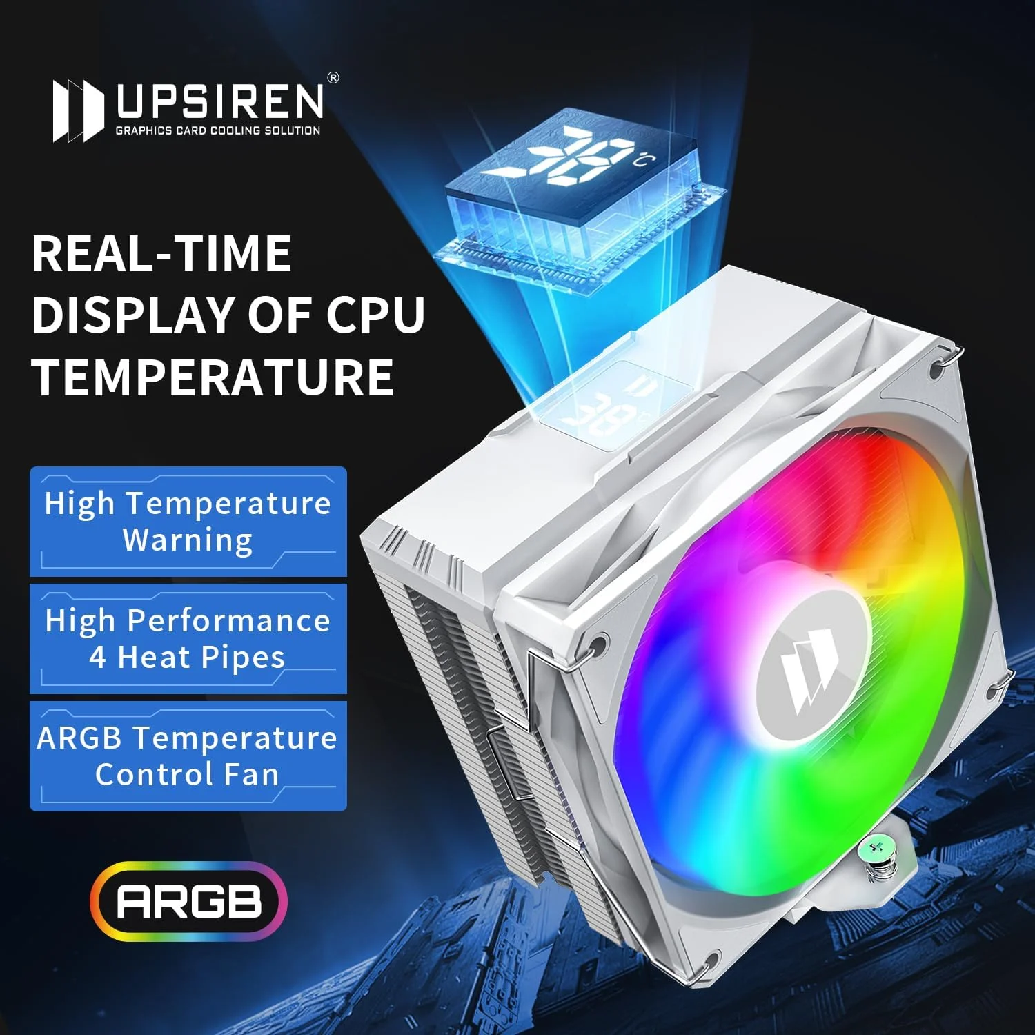 خنک کننده پردازنده با نمایشگر دما، 4 لوله حرارتی، فن 90mm/120mm RGB PWM برای AMD:AM4/AM5/INTEL LGA1700/1200/115X (سفید، 120mm)