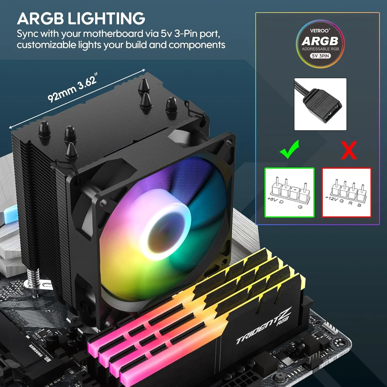 خنک کننده بادی پردازنده Vetroo V3 با نورپردازی ARGB و کنترل هوشمند PWM - طراحی جمع و جور با ارتفاع 133 میلی متر و فن 92 میلی متری، لوله های حرارتی مستقیم، پره های آلومینیومی، برای AMD AM4/AM5 و Intel LGA1851/1700/1200/115X