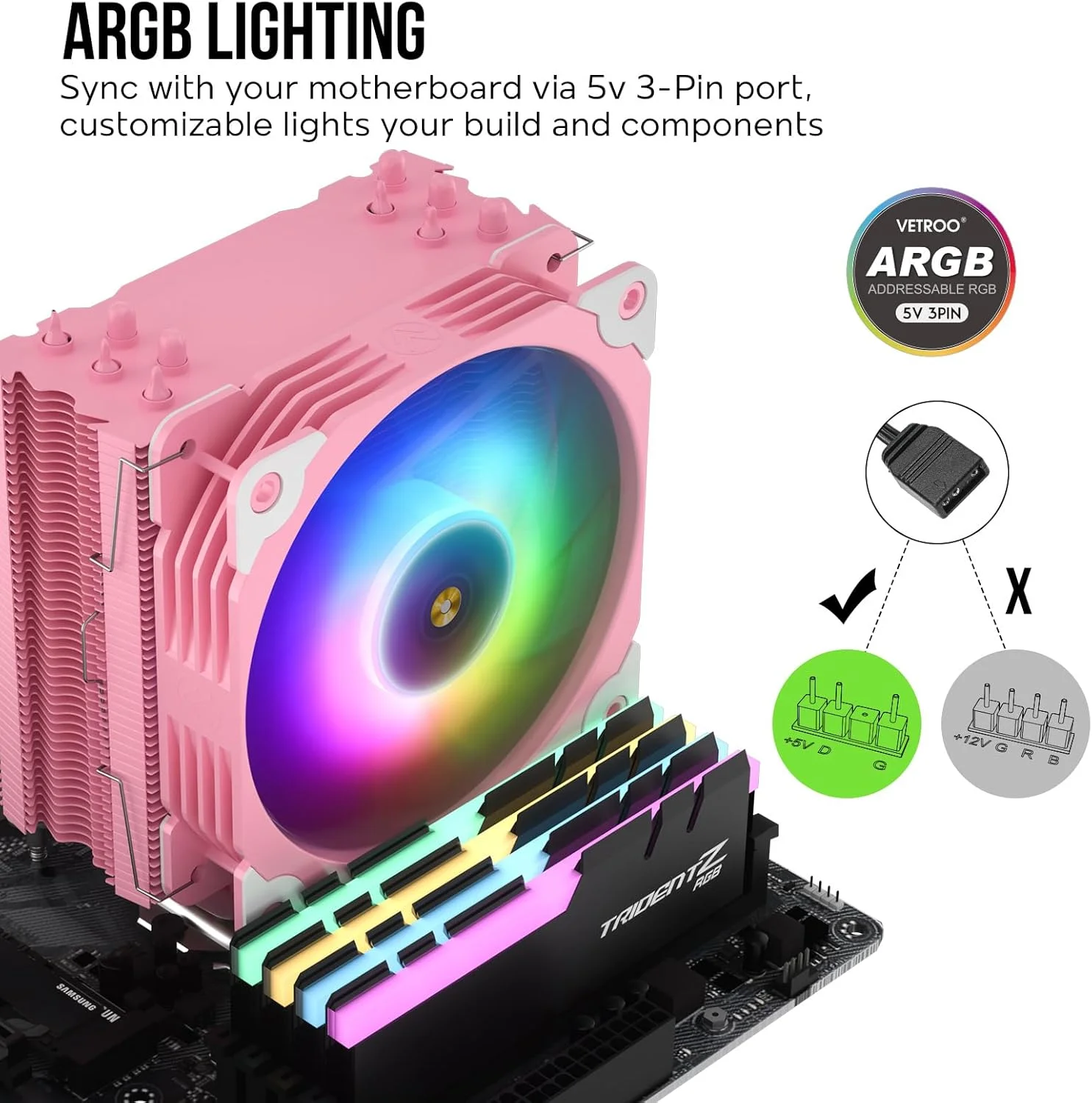 خنک کننده پردازنده Vetroo V5 صورتی، 120 میلی متری با 5 لوله حرارتی RGB قابل تنظیم و PWM، خنک کننده بادی 150 وات TDP برای Intel LGA 1700/1200/115X AMD AM4 خنک کننده پردازنده Vetroo V5 صورتی، 120 میلی متری با 5 لوله حرارتی RGB قابل تنظیم و PWM، خنک کننده بادی 150 وات TDP برای Intel LGA 1700/1200/115X AMD AM4