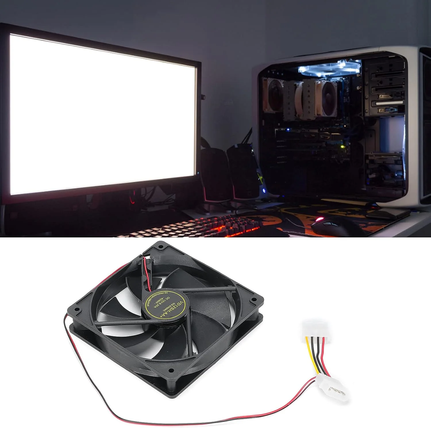 فن خنک کننده، خنک کننده پردازنده 23dB، حجم هوای 45 CFM برای کیس کامپیوتر، 7 پره، رابط سریال 4 پین بزرگ نوع D، DC 12V (فن مشکی دو بلبرینگ)