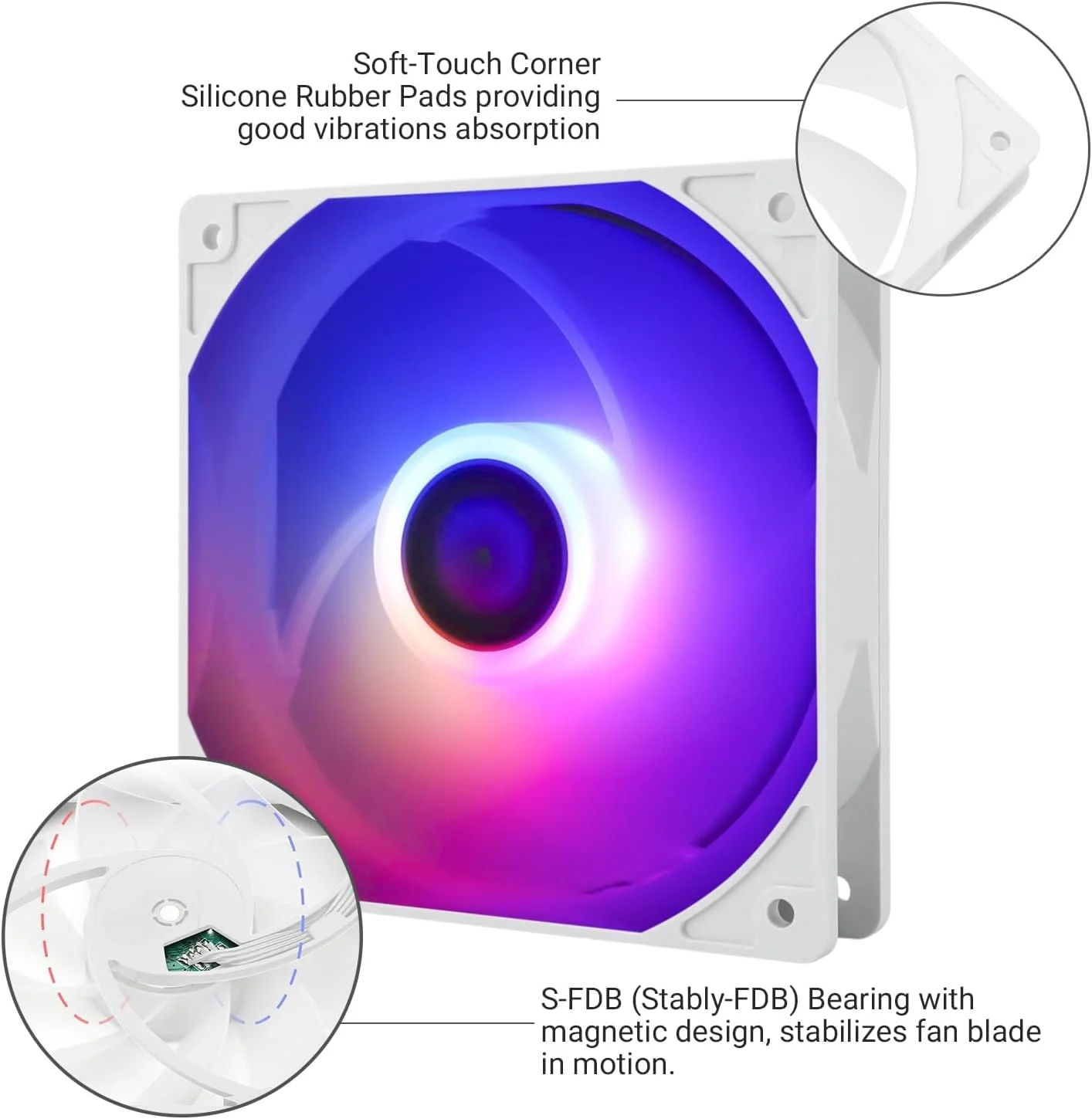 فن CPU ARGB سفید برای کیس کامپیوتر یا CPU، فن خنک کننده بی صدای 120 میلی متری 4 پین PWM با بلبرینگ S-FDB، تا 1500 دور در دقیقه برای کیس و خنک کننده CPU (3 عدد)