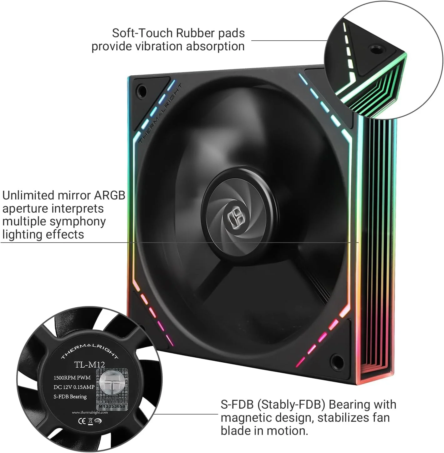 فن کیس ARGB 120 میلی‌متری TL-M12 PWM، فن خنک‌کننده بی‌صدای CPU با جلوه نور آینه‌ای، 1500 دور در دقیقه، مشکی