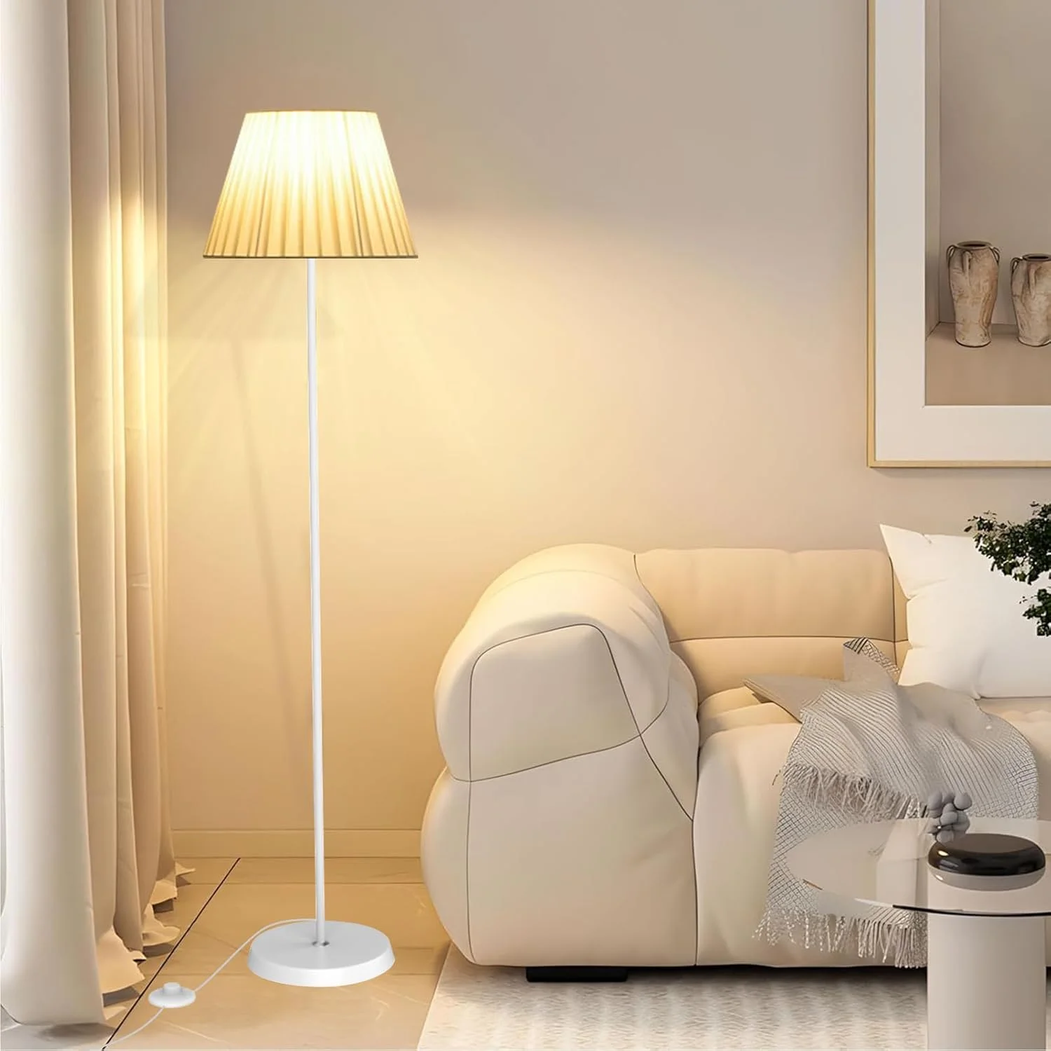 چراغ ایستاده Sumkyle با آباژور پارچه ای، چراغ های بلند مدرن برای اتاق نشیمن، چراغ های ایستاده بلند دکوری منزل، روشنایی کف برای اتاق خواب، اتاق مطالعه، دفتر کار (سفید)