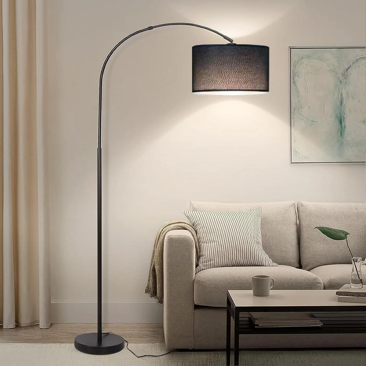 چراغ ایستاده ومارت برای اتاق نشیمن، چراغ کف مدرن با سایه آویز درام قابل تنظیم، چراغ کمانی بلند با ارتفاع 185 سانتی متر، شامل لامپ 12 وات، چراغ ایستاده ال ای دی برای اتاق خواب، دفتر کار، اتاق خوابگاه (مشکی)