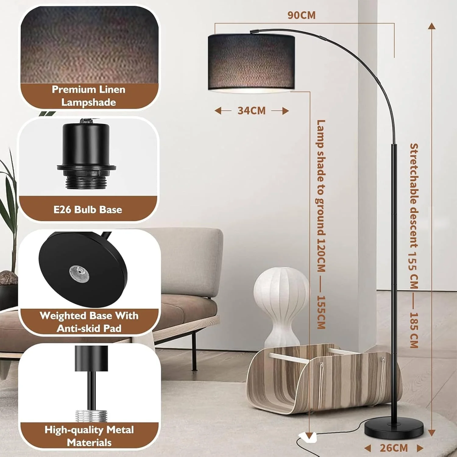 چراغ ایستاده ومارت برای اتاق نشیمن، چراغ کف مدرن با سایه آویز درام قابل تنظیم، چراغ کمانی بلند با ارتفاع 185 سانتی متر، شامل لامپ 12 وات، چراغ ایستاده ال ای دی برای اتاق خواب، دفتر کار، اتاق خوابگاه (مشکی)