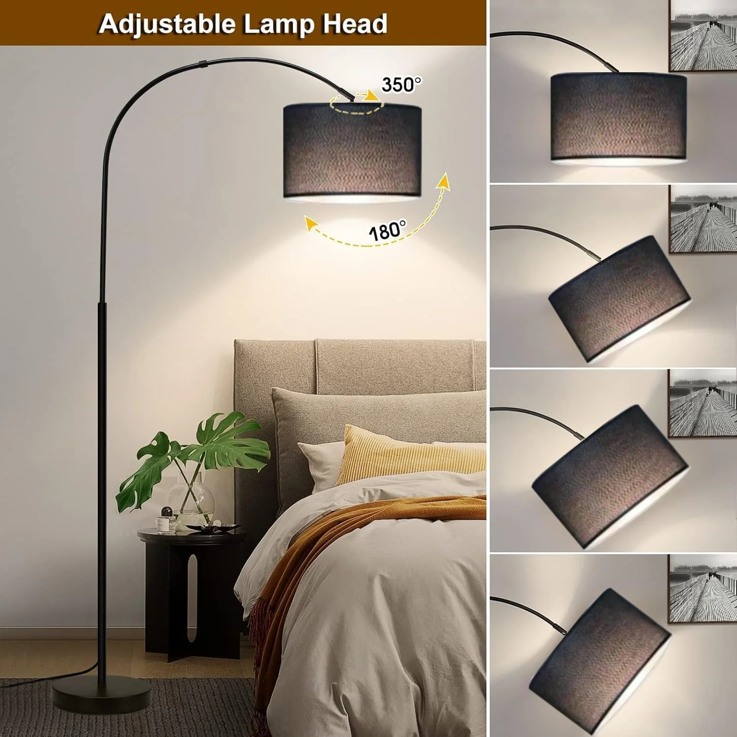 چراغ ایستاده ومارت برای اتاق نشیمن، چراغ کف مدرن با سایه آویز درام قابل تنظیم، چراغ کمانی بلند با ارتفاع 185 سانتی متر، شامل لامپ 12 وات، چراغ ایستاده ال ای دی برای اتاق خواب، دفتر کار، اتاق خوابگاه (مشکی)