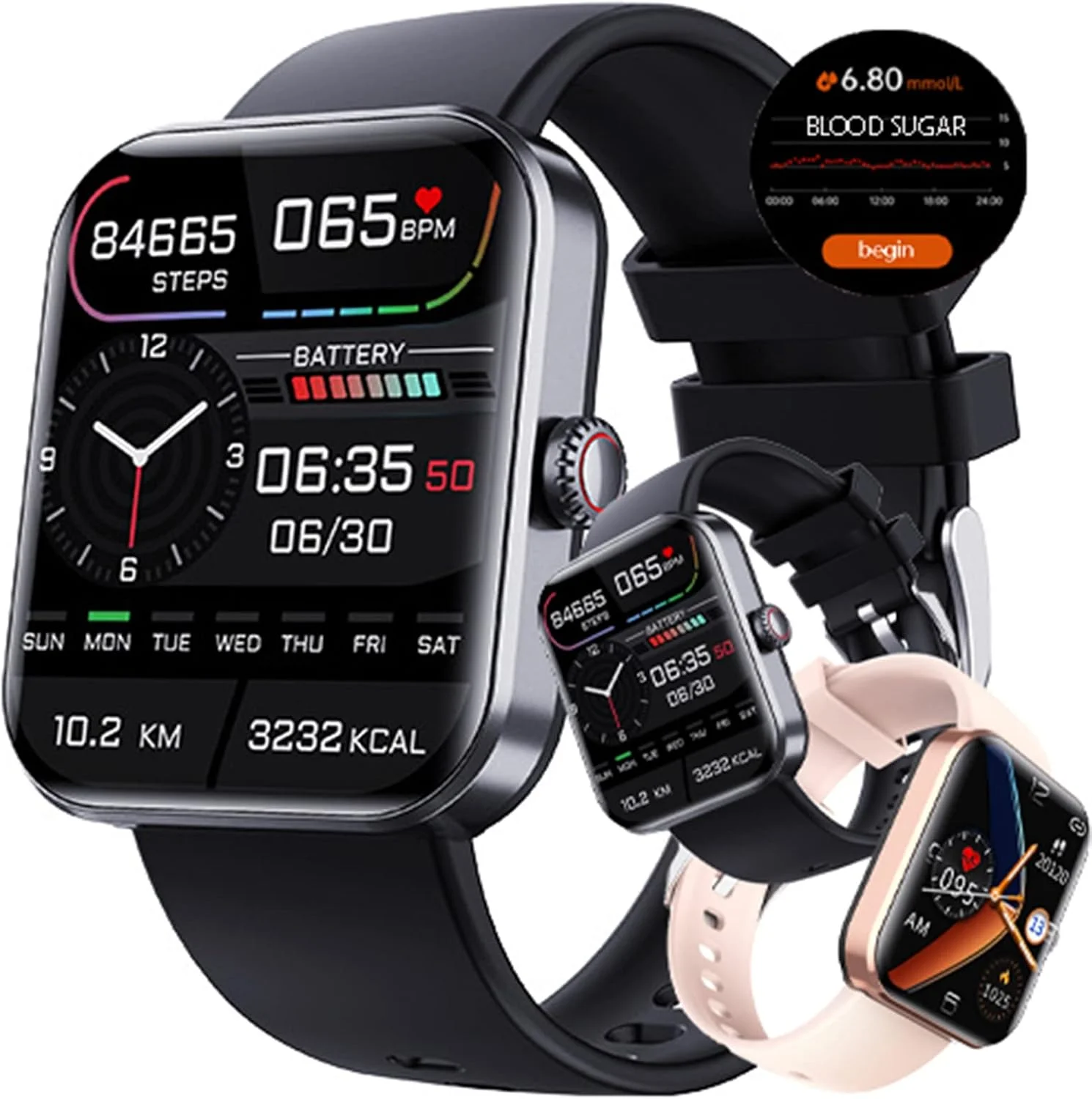 ساعت هوشمند پایش قند خون آزمانی، ردیاب تناسب اندام صفحه لمسی 1.91 اینچی با قابلیت سنجش اکسیژن خون، فشار خون، خواب، دمای بدن و پایش قند خون، مشکی، بزرگ ساعت هوشمند پایش قند خون آزمانی، ردیاب تناسب اندام صفحه لمسی 1.91 اینچی با قابلیت سنجش اکسیژن خون، فشار خون، خواب، دمای بدن و پایش قند خون، مشکی، بزرگ