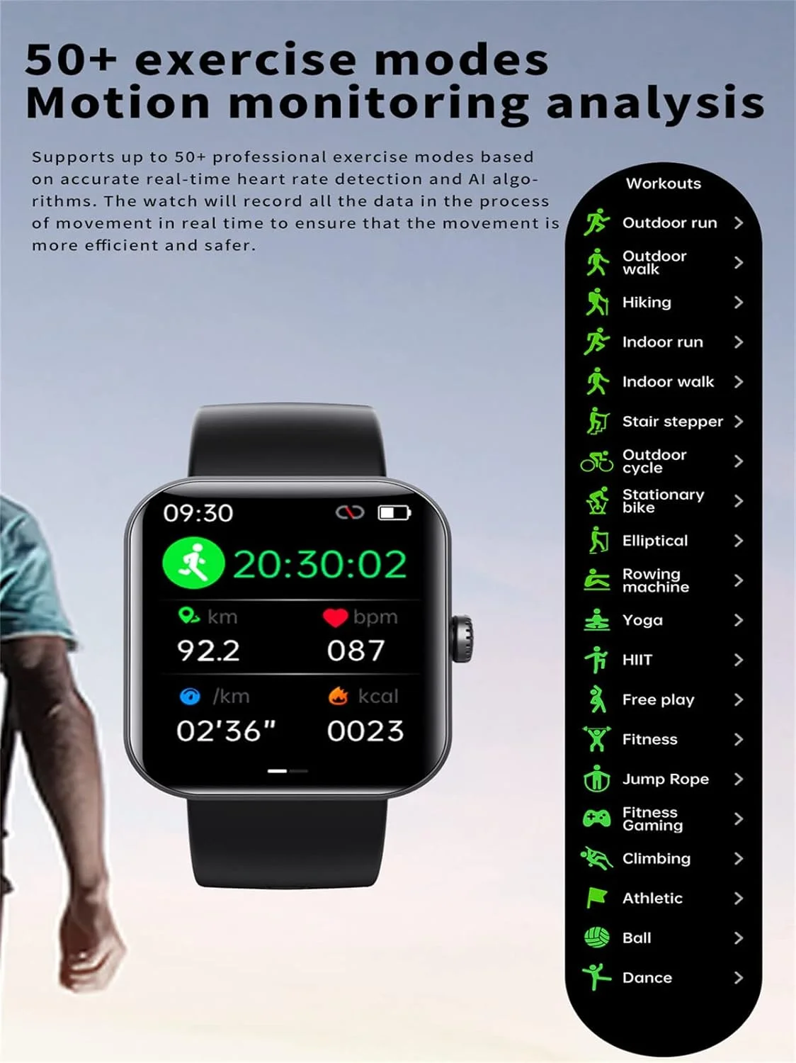 ساعت هوشمند پایش قند خون آزمانی، ردیاب تناسب اندام صفحه لمسی 1.91 اینچی با قابلیت سنجش اکسیژن خون، فشار خون، خواب، دمای بدن و پایش قند خون، مشکی، بزرگ