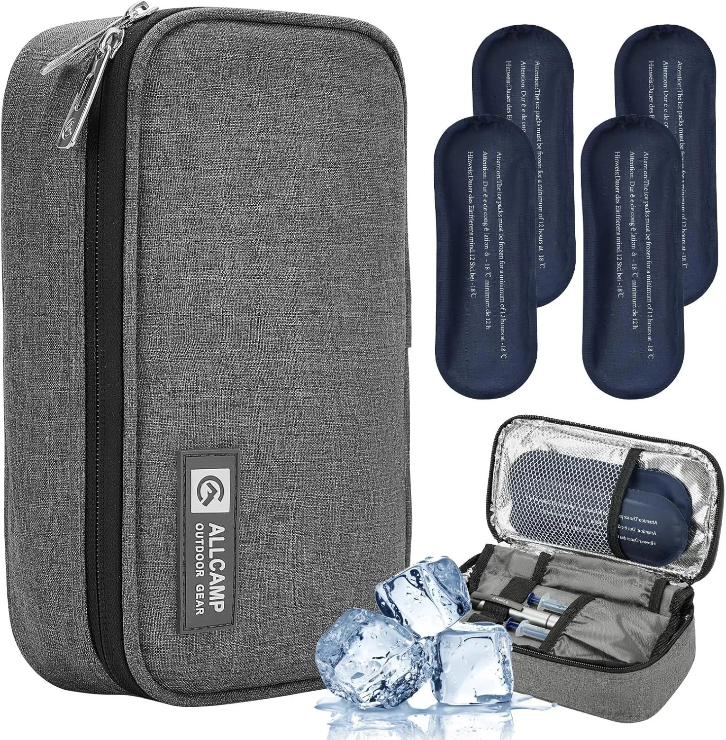 کیف خنک نگهدارنده انسولین ALLCAMP OUTDOOR GEAR برای نگهداری داروهای دیابتی به همراه 4 بسته یخ - کیف قابل حمل و چند بار مصرف خاکستری (متوسط) کیف خنک نگهدارنده انسولین ALLCAMP OUTDOOR GEAR برای نگهداری داروهای دیابتی به همراه 4 بسته یخ - کیف قابل حمل و چند بار مصرف خاکستری (متوسط)