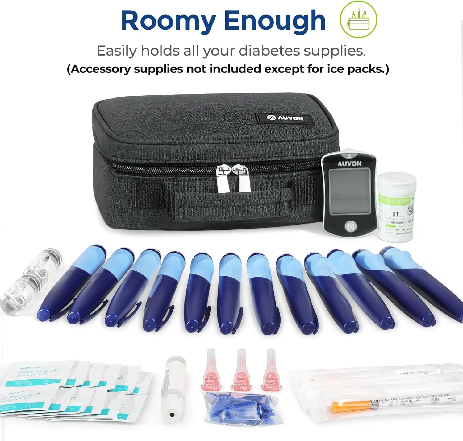 کیف خنک نگهدارنده بزرگ انسولین AUVON، اثر خنک کنندگی طولانی تر با 4 بسته یخ 160 گرمی، کیف خنک کننده دارو جمع و جور برای 8 قلم انسولین و لوازم دیابتی، همراه ایده آل سفر با طراحی دسته