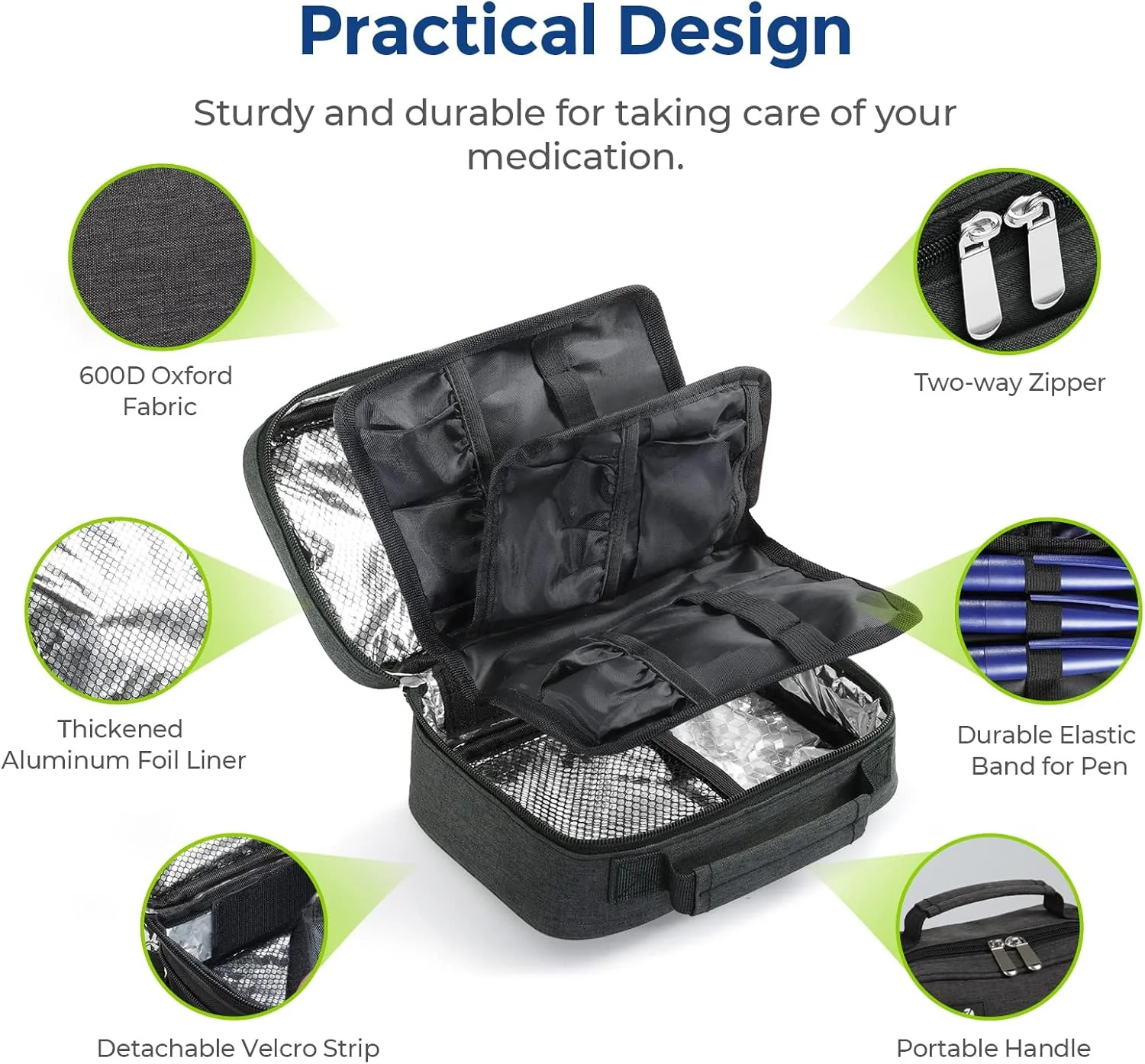 کیف خنک نگهدارنده بزرگ انسولین AUVON، اثر خنک کنندگی طولانی تر با 4 بسته یخ 160 گرمی، کیف خنک کننده دارو جمع و جور برای 8 قلم انسولین و لوازم دیابتی، همراه ایده آل سفر با طراحی دسته