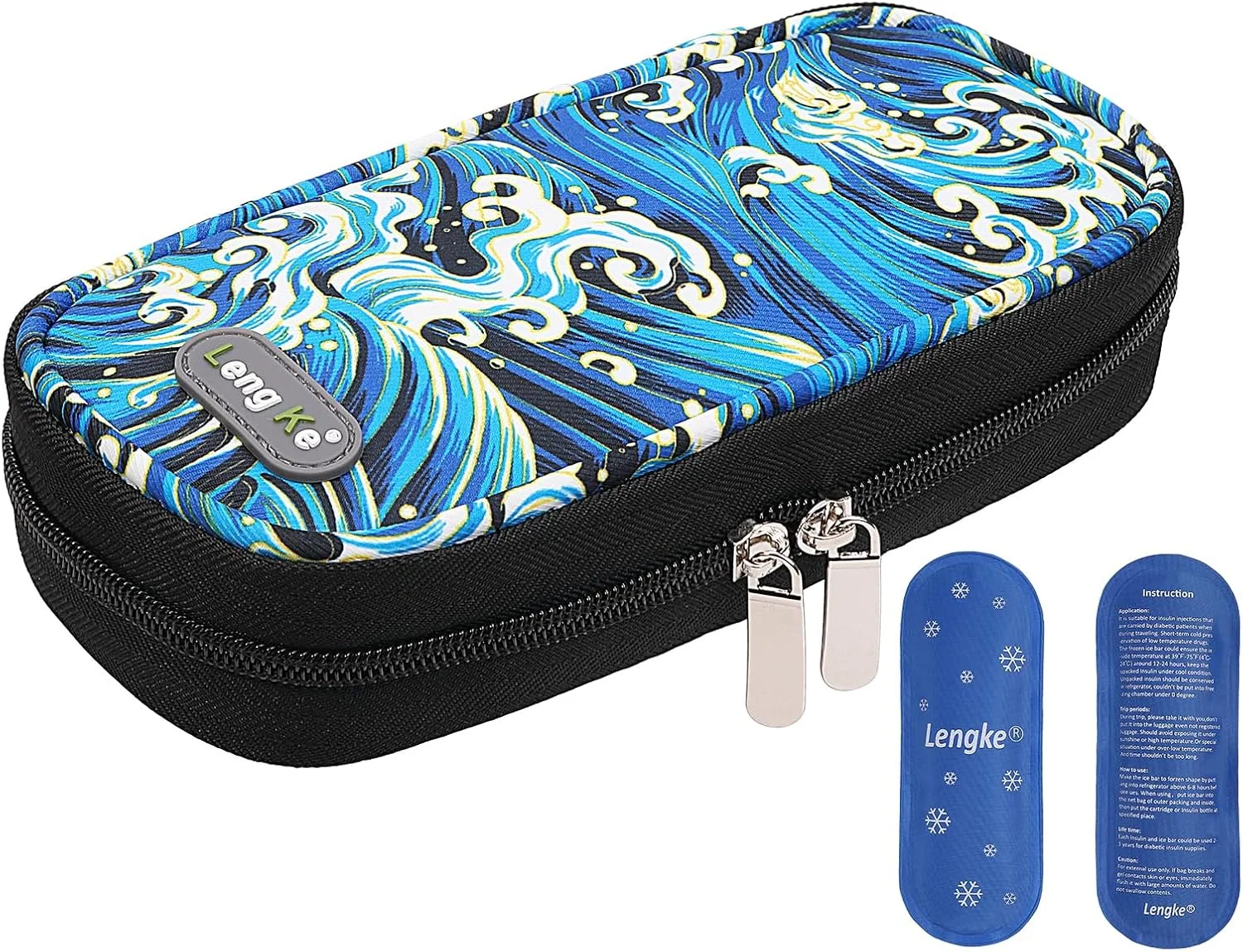 کیف خنک نگهدارنده انسولین BOMKEE برای افراد دیابتی، کیف حمل قلم انسولین، کیف خنک کننده انسولین با 2 بسته یخ، طرح موج، جمع و جور
