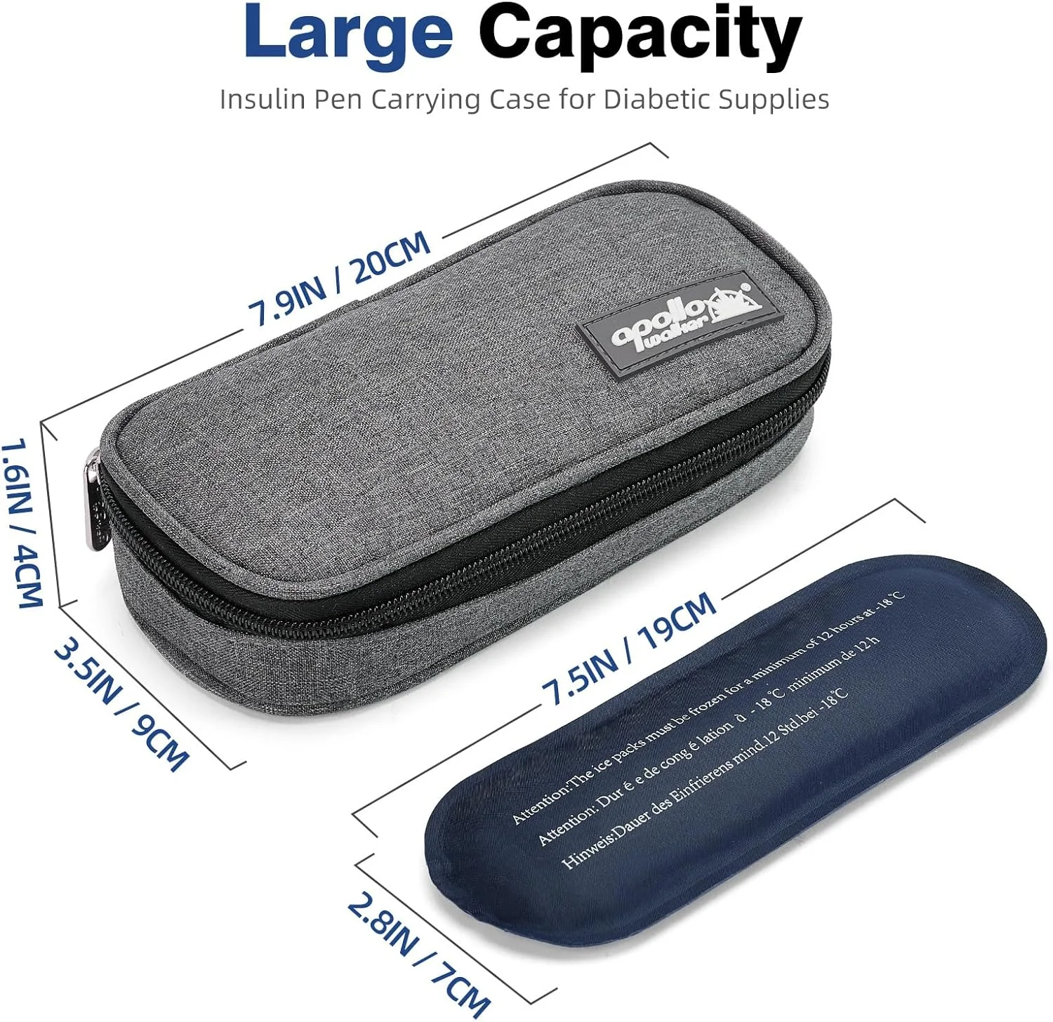 کیف خنک نگهدارنده انسولین Apollo Walker با 2 بسته یخ و آستر عایق (خاکستری)
