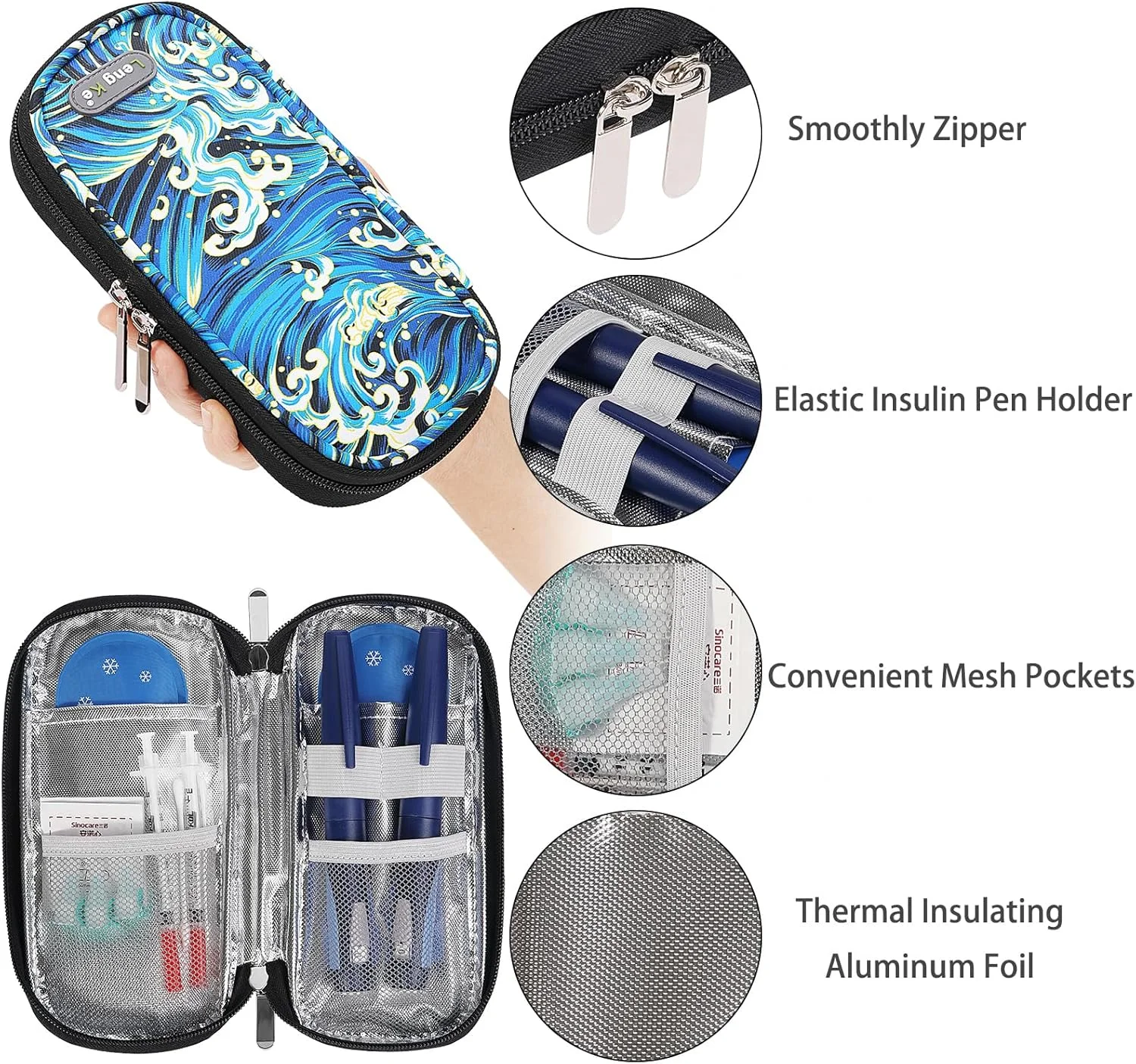 کیف خنک نگهدارنده انسولین BOMKEE برای افراد دیابتی، کیف حمل قلم انسولین، کیف خنک کننده انسولین با 2 بسته یخ، طرح موج، جمع و جور